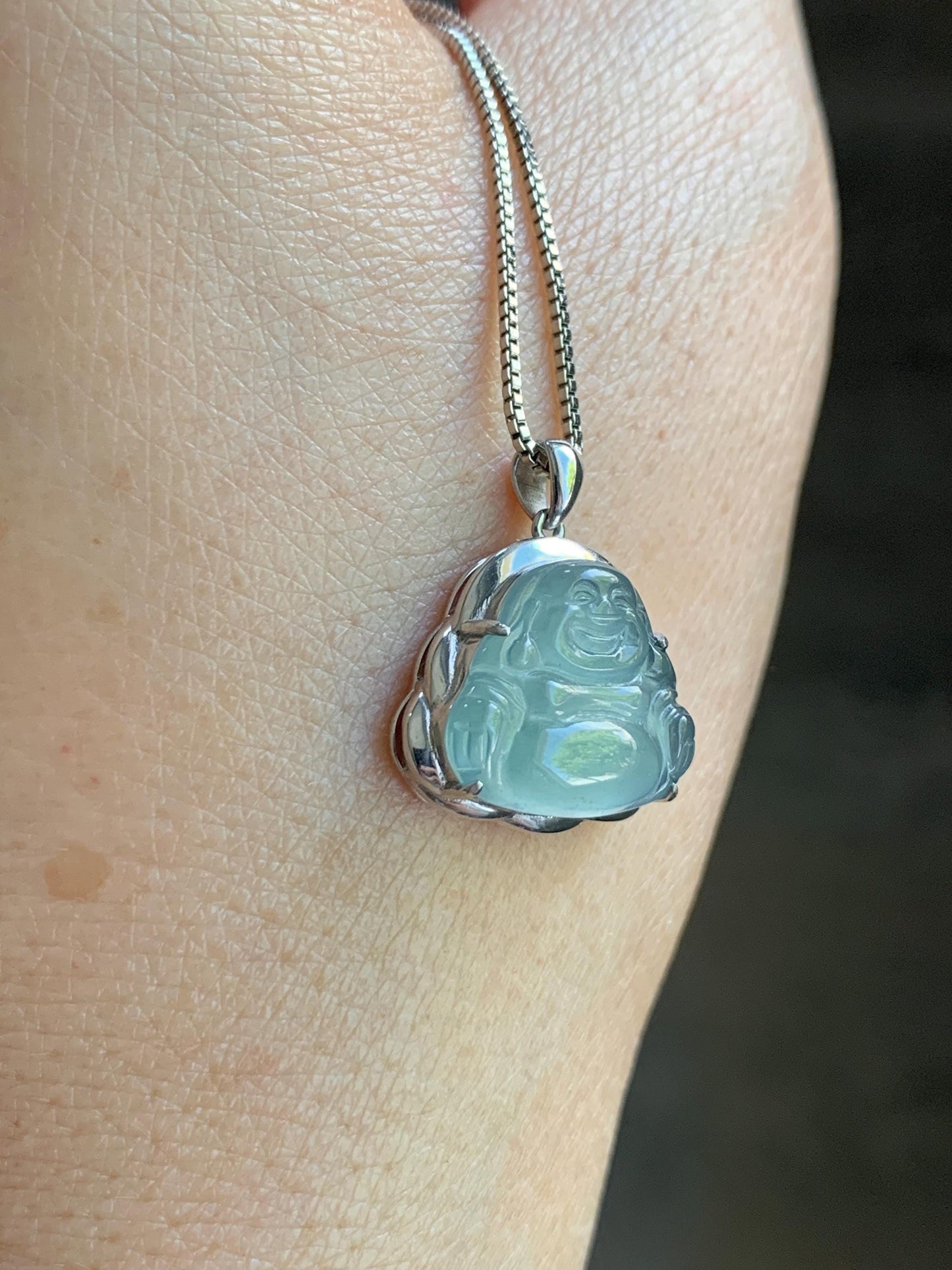Certified Natural Guatemalan Icy Highly Translucent Light Teal Blue Jadeite Buddha Petite Pendant Sterling Silver 天然老种高冰危蓝绿翡翠起光佛公镶嵌吊坠 3023