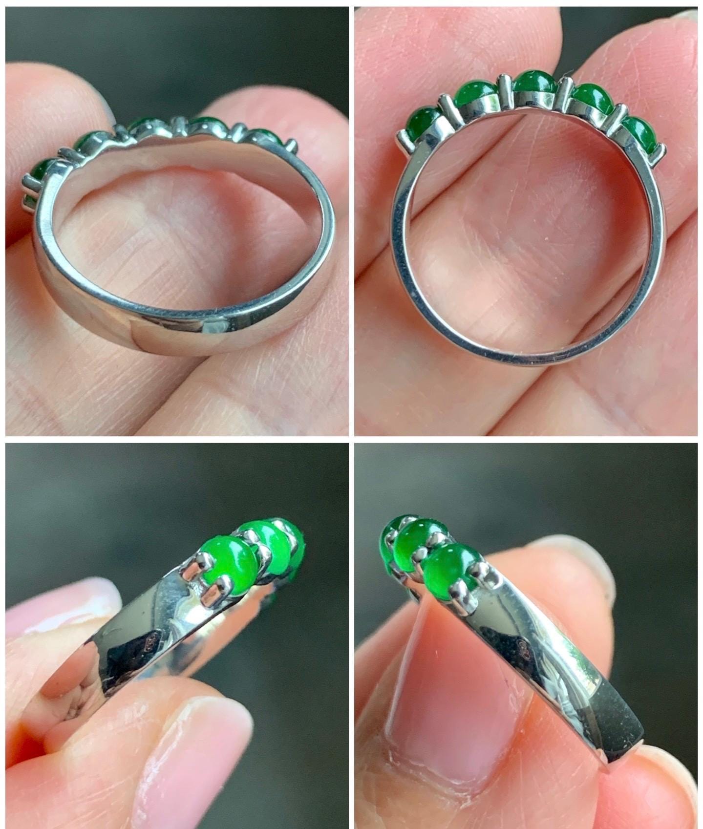 Certified Natural Guatemalan Premium Icy Translucent Vibrant Green 5-Stone Jadeite Band Ring Size 7.25 Sterling Silver 天然老种冰危绿翡翠镶嵌排戒 3037