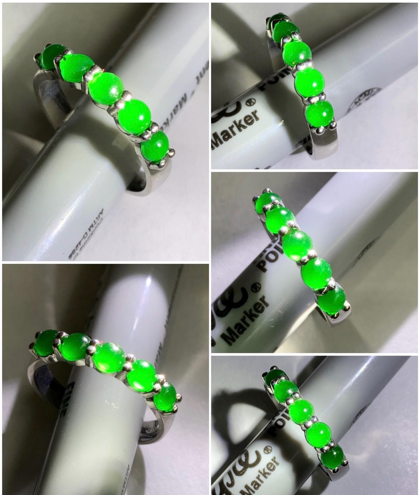 Certified Natural Guatemalan Premium Icy Translucent Vibrant Green 5-Stone Jadeite Band Ring Size 7.25 Sterling Silver 天然老种冰危绿翡翠镶嵌排戒 3037