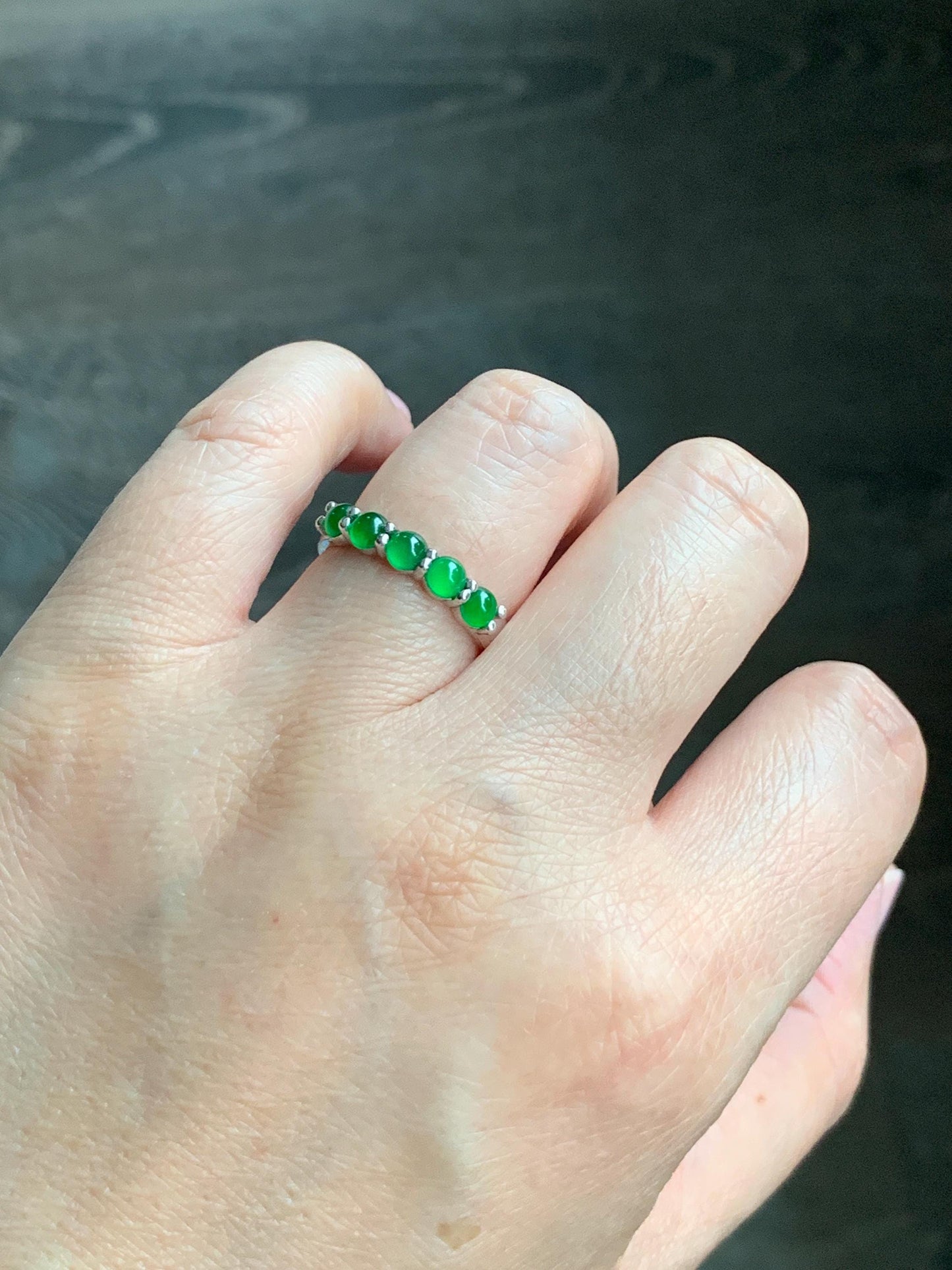 Certified Natural Guatemalan Premium Icy Translucent Vibrant Green 5-Stone Jadeite Band Ring Size 7.25 Sterling Silver 天然老种冰危绿翡翠镶嵌排戒 3037
