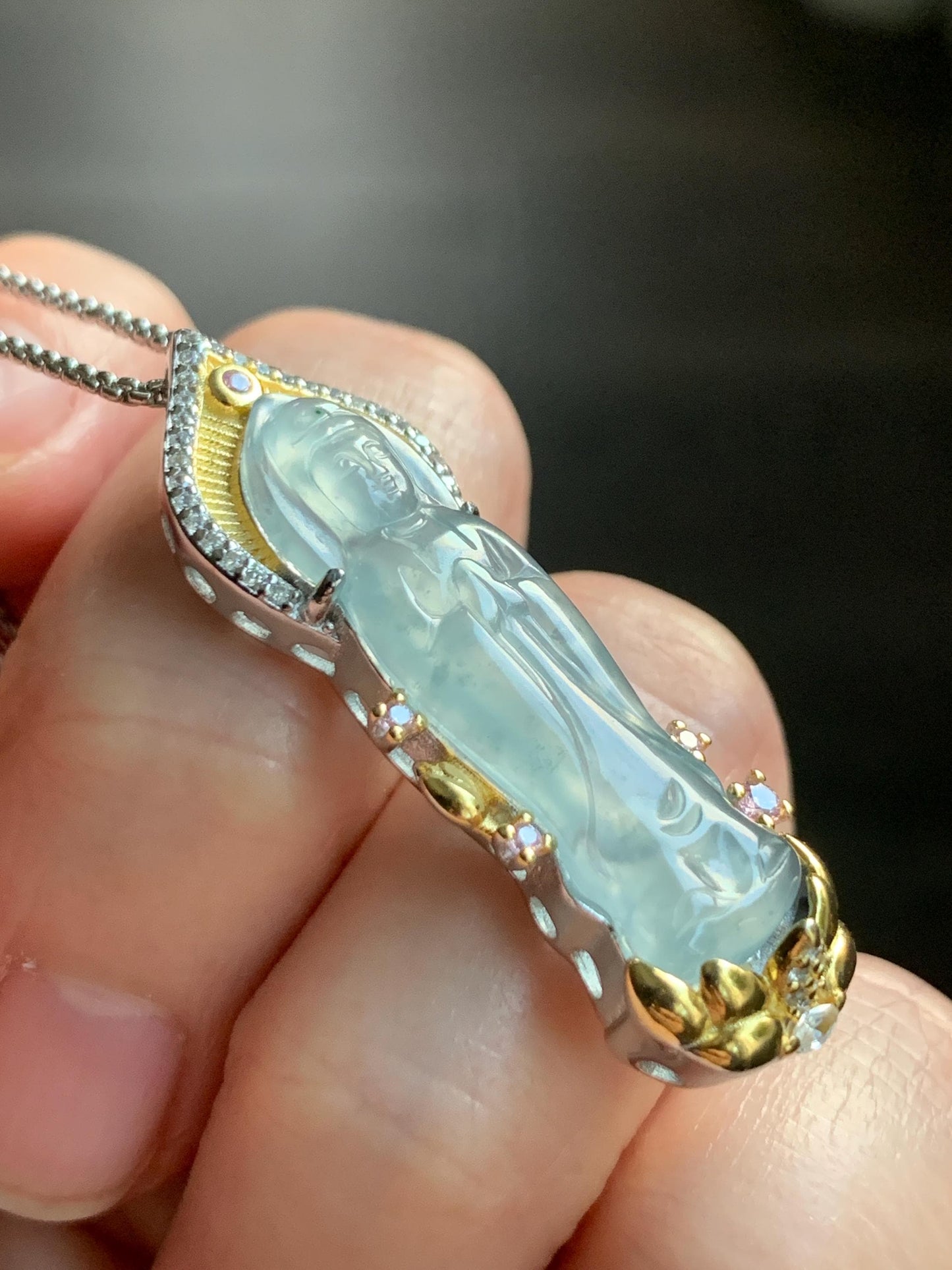 Certified Natural Guatemalan Icy Highly Translucent Gelatinous Light Blue Jadeite Guanyin Pendant Sterling Silver 6.9g 天然冰胶危淡蓝翡翠观音镶嵌吊坠 6891