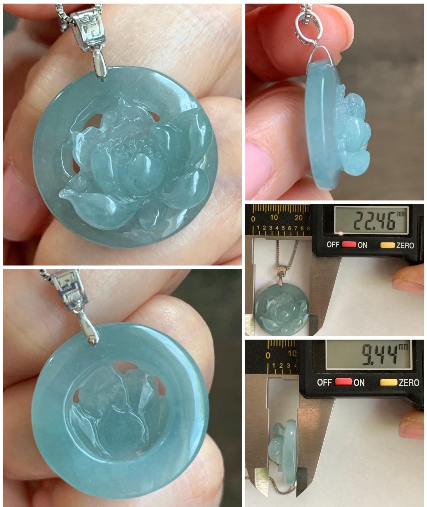 Natural Guatemalan Icy Highly Translucent Light Dusty Blue Jadeite Lotus Flower Circle Pendant 18K White Gold 天然冰危淡蓝翡翠莲花圈镶嵌吊坠 YHH-A