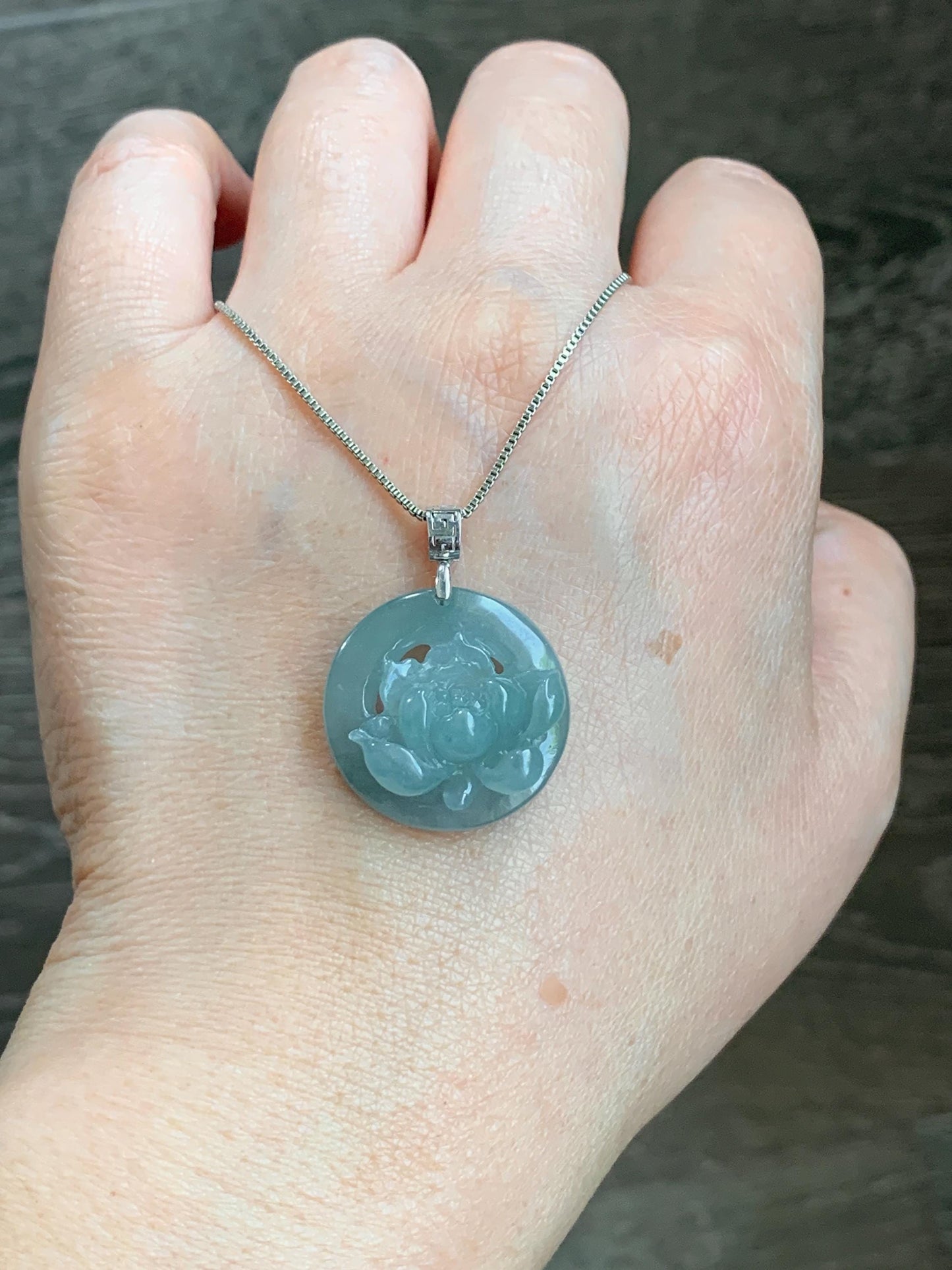 Natural Guatemalan Icy Highly Translucent Light Dusty Blue Jadeite Lotus Flower Circle Pendant 18K White Gold 天然冰危淡蓝翡翠莲花圈镶嵌吊坠 YHH-A