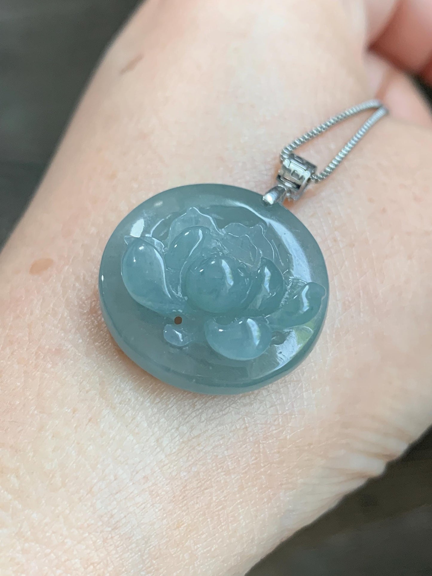 Natural Guatemalan Icy Highly Translucent Light Dusty Blue Jadeite Lotus Flower Circle Pendant 18K White Gold 天然冰危淡蓝翡翠莲花圈镶嵌吊坠 YHH-A