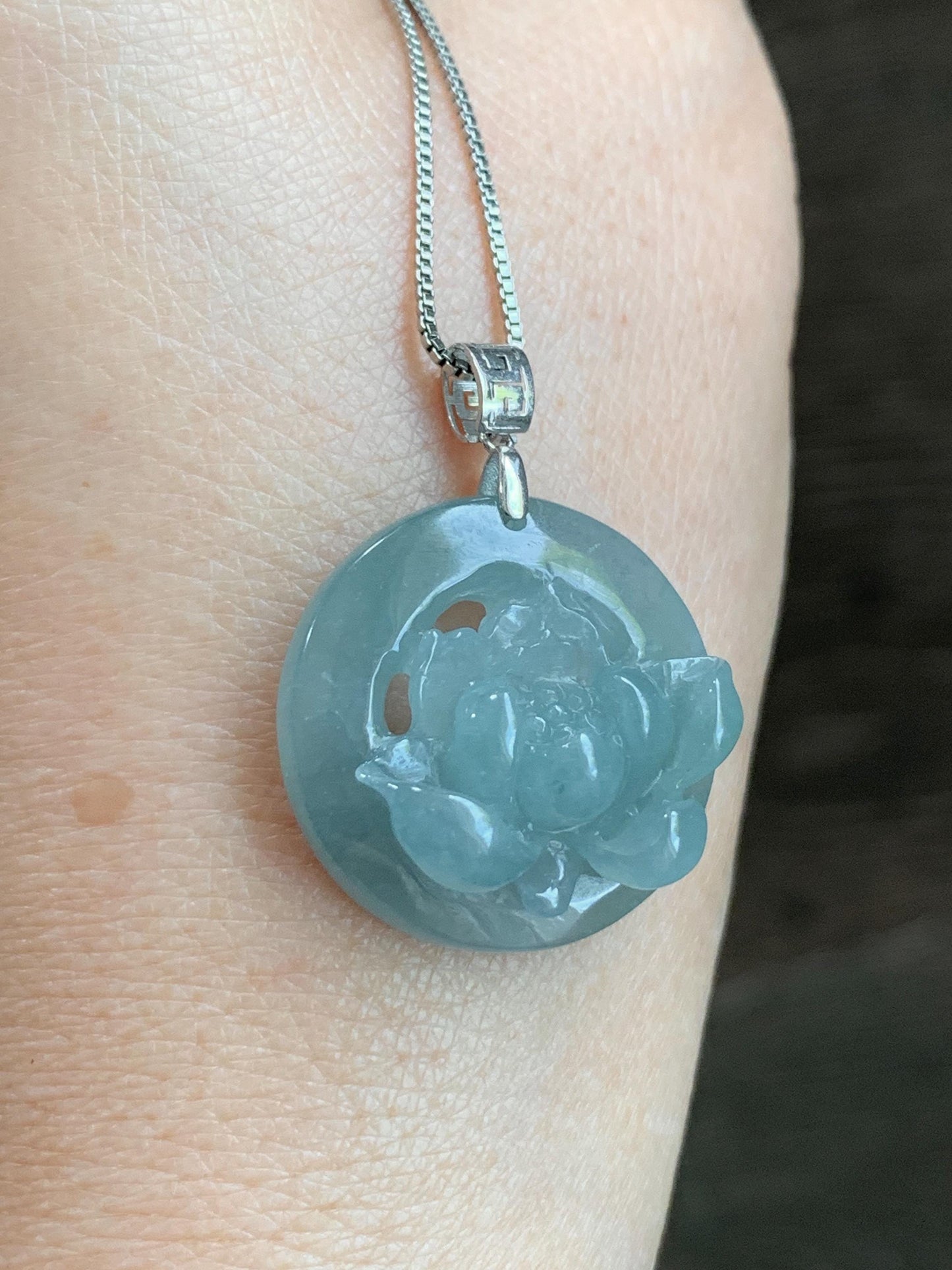 Natural Guatemalan Icy Highly Translucent Light Dusty Blue Jadeite Lotus Flower Circle Pendant 18K White Gold 天然冰危淡蓝翡翠莲花圈镶嵌吊坠 YHH-A