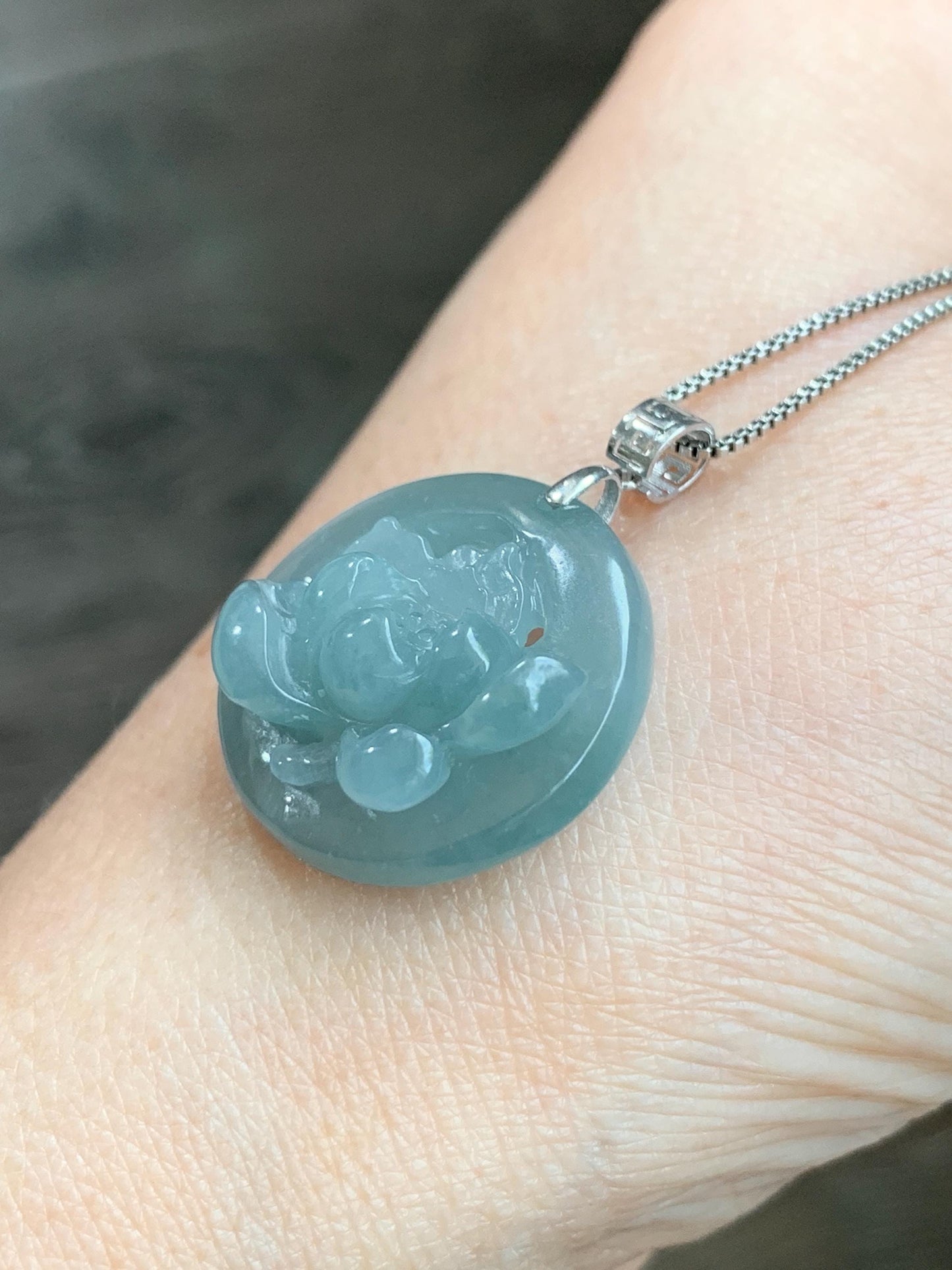 Natural Guatemalan Icy Highly Translucent Light Dusty Blue Jadeite Lotus Flower Circle Pendant 18K White Gold 天然冰危淡蓝翡翠莲花圈镶嵌吊坠 YHH-A