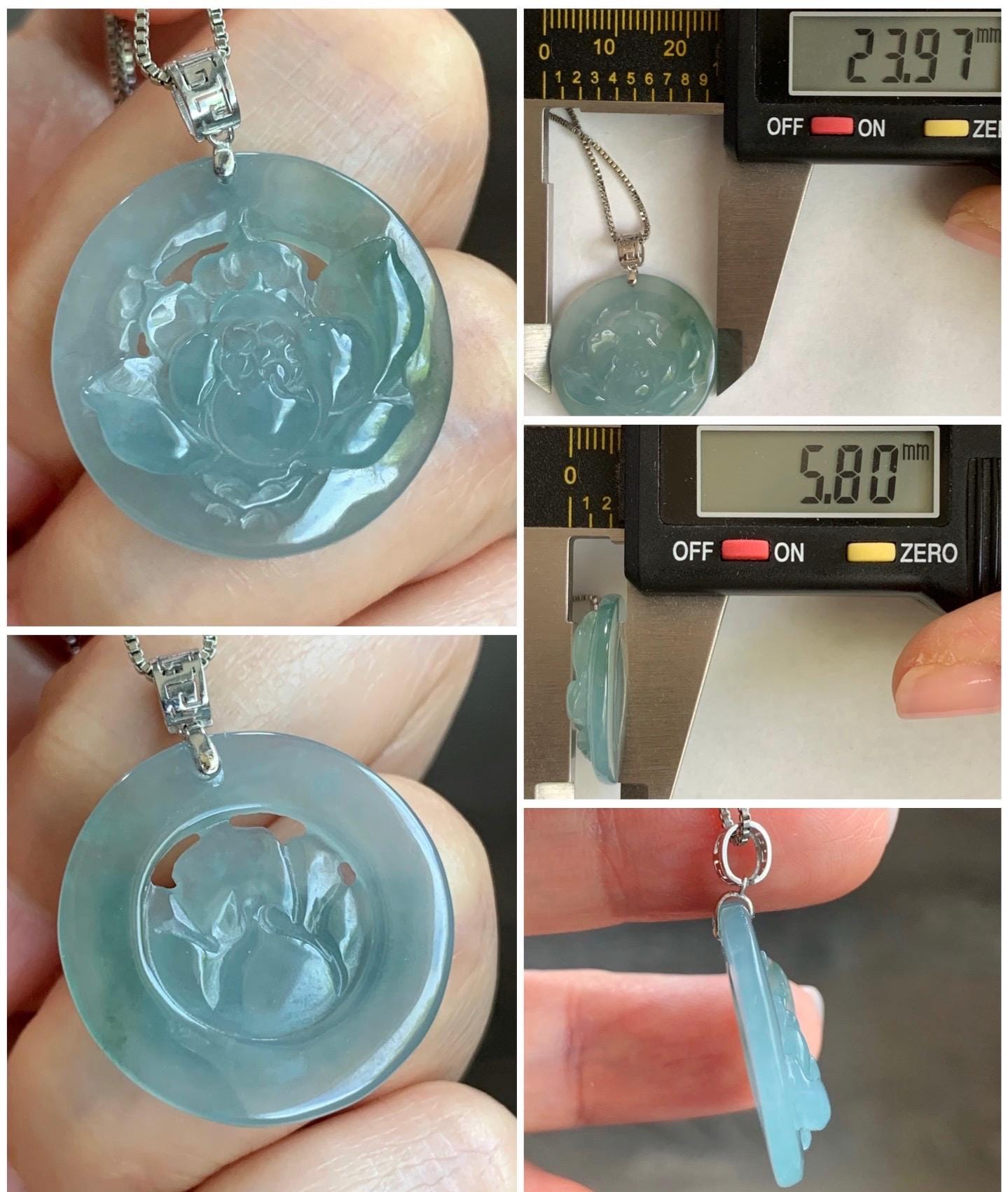 Natural Guatemalan Icy Highly Translucent Light Dusty Blue Jadeite Lotus Flower Circle Pendant 18K White Gold 天然冰危淡蓝翡翠莲花圈镶嵌吊坠 YHH-B
