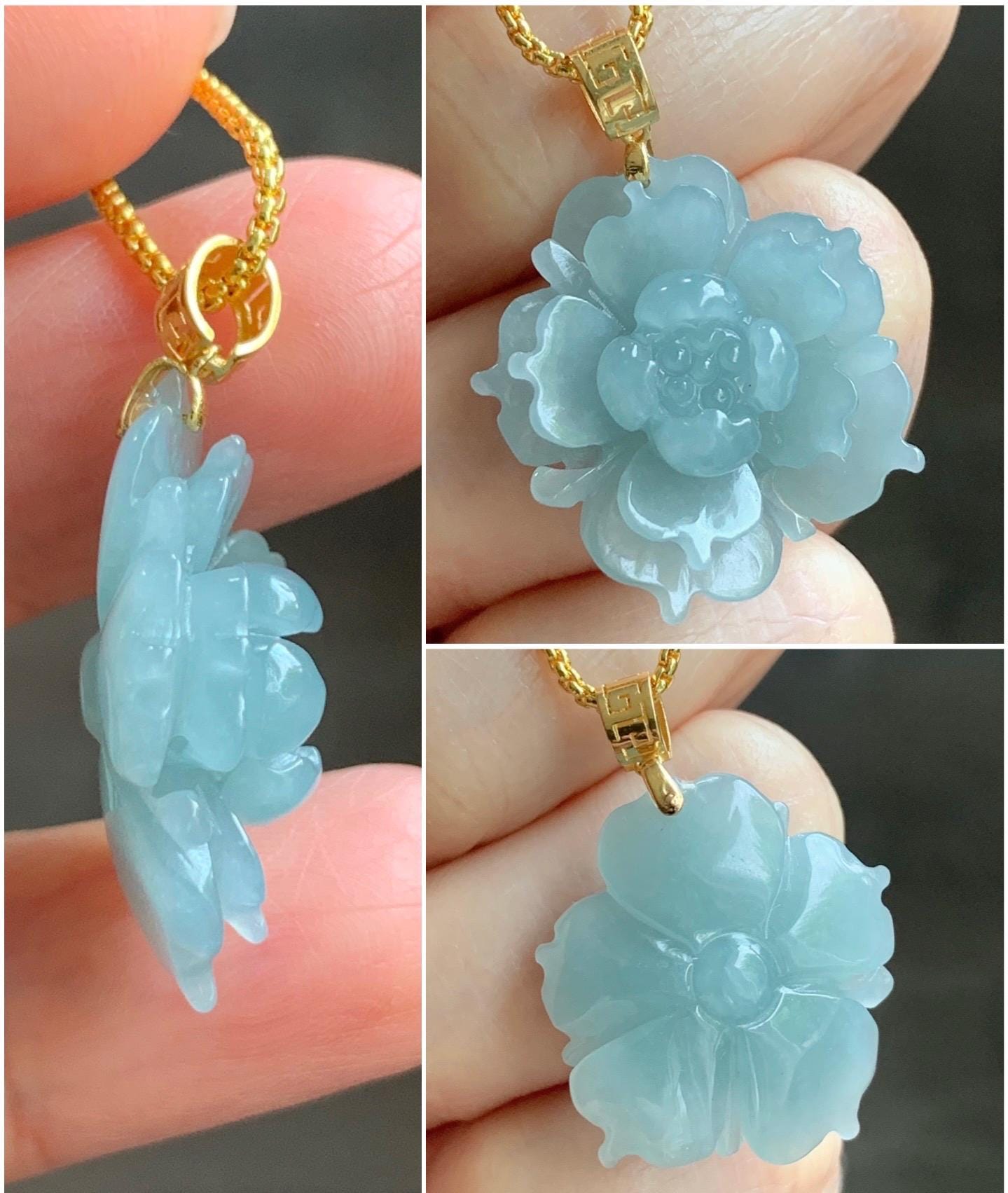 Natural Guatemalan Icy Translucent Light Dusty Blue Jadeite Carved 3D Lotus Flower Pendant 18K Yellow Gold Bail 天然冰危淡蓝翡翠精工雕莲花镶嵌吊坠