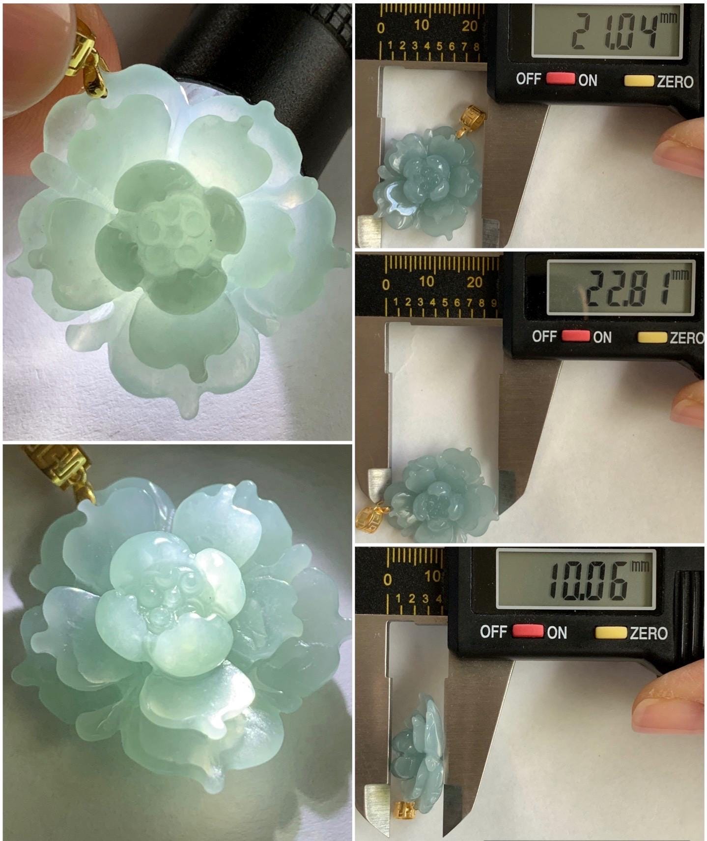 Natural Guatemalan Icy Translucent Light Dusty Blue Jadeite Carved 3D Lotus Flower Pendant 18K Yellow Gold Bail 天然冰危淡蓝翡翠精工雕莲花镶嵌吊坠