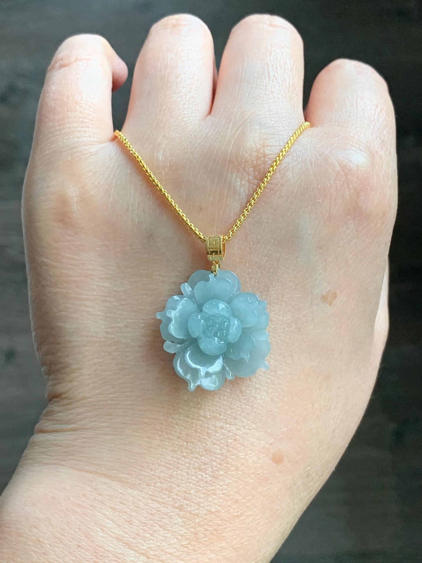 Natural Guatemalan Icy Translucent Light Dusty Blue Jadeite Carved 3D Lotus Flower Pendant 18K Yellow Gold Bail 天然冰危淡蓝翡翠精工雕莲花镶嵌吊坠