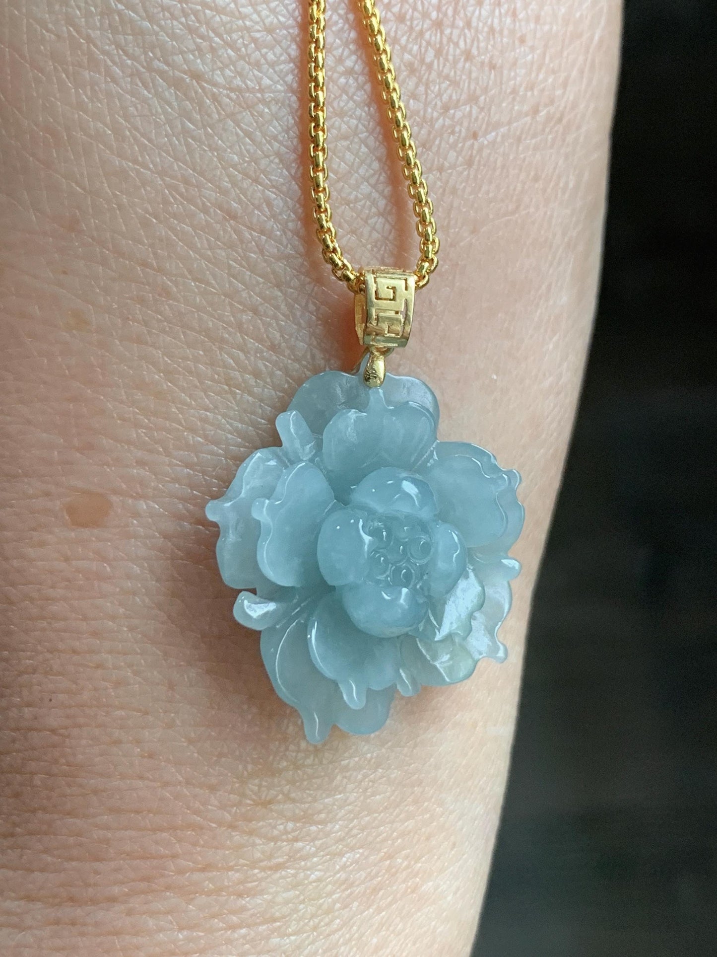 Natural Guatemalan Icy Translucent Light Dusty Blue Jadeite Carved 3D Lotus Flower Pendant 18K Yellow Gold Bail 天然冰危淡蓝翡翠精工雕莲花镶嵌吊坠