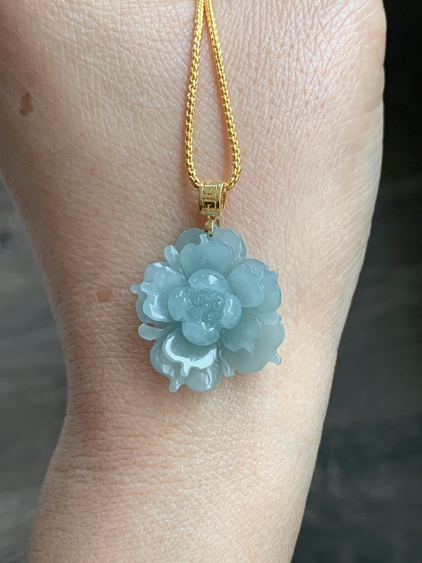 Natural Guatemalan Icy Translucent Light Dusty Blue Jadeite Carved 3D Lotus Flower Pendant 18K Yellow Gold Bail 天然冰危淡蓝翡翠精工雕莲花镶嵌吊坠