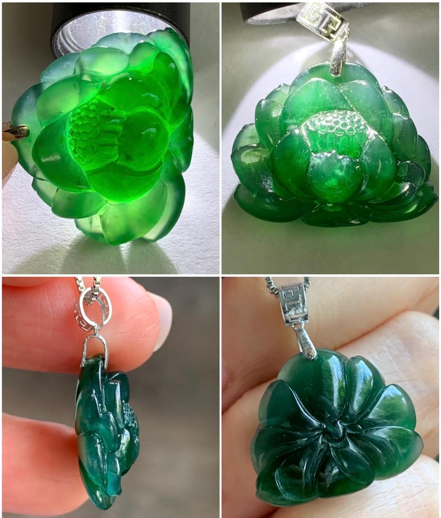 Certified Natural Guatemalan Icy Highly Translucent Intense Teal Green Jadeite Lotus Flower Pendant 18K White Gold 4.53g 天然冰危深绿翡翠莲花镶嵌吊坠 3177