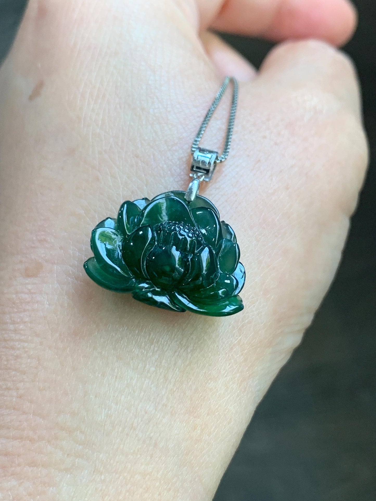 Certified Natural Guatemalan Icy Highly Translucent Intense Teal Green Jadeite Lotus Flower Pendant 18K White Gold 4.53g 天然冰危深绿翡翠莲花镶嵌吊坠 3177