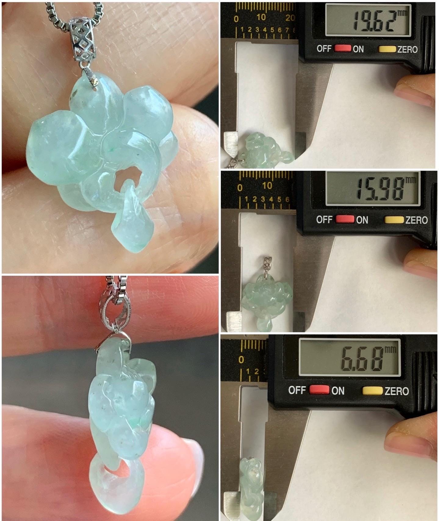 Petite Natural Burmese Icy Highly Translucent Light Green Jadeite Lotus Flower Interlocked Teardrop Pendant 18K White Gold 天然缅甸冰胶晴底翡翠荷花镶嵌吊坠