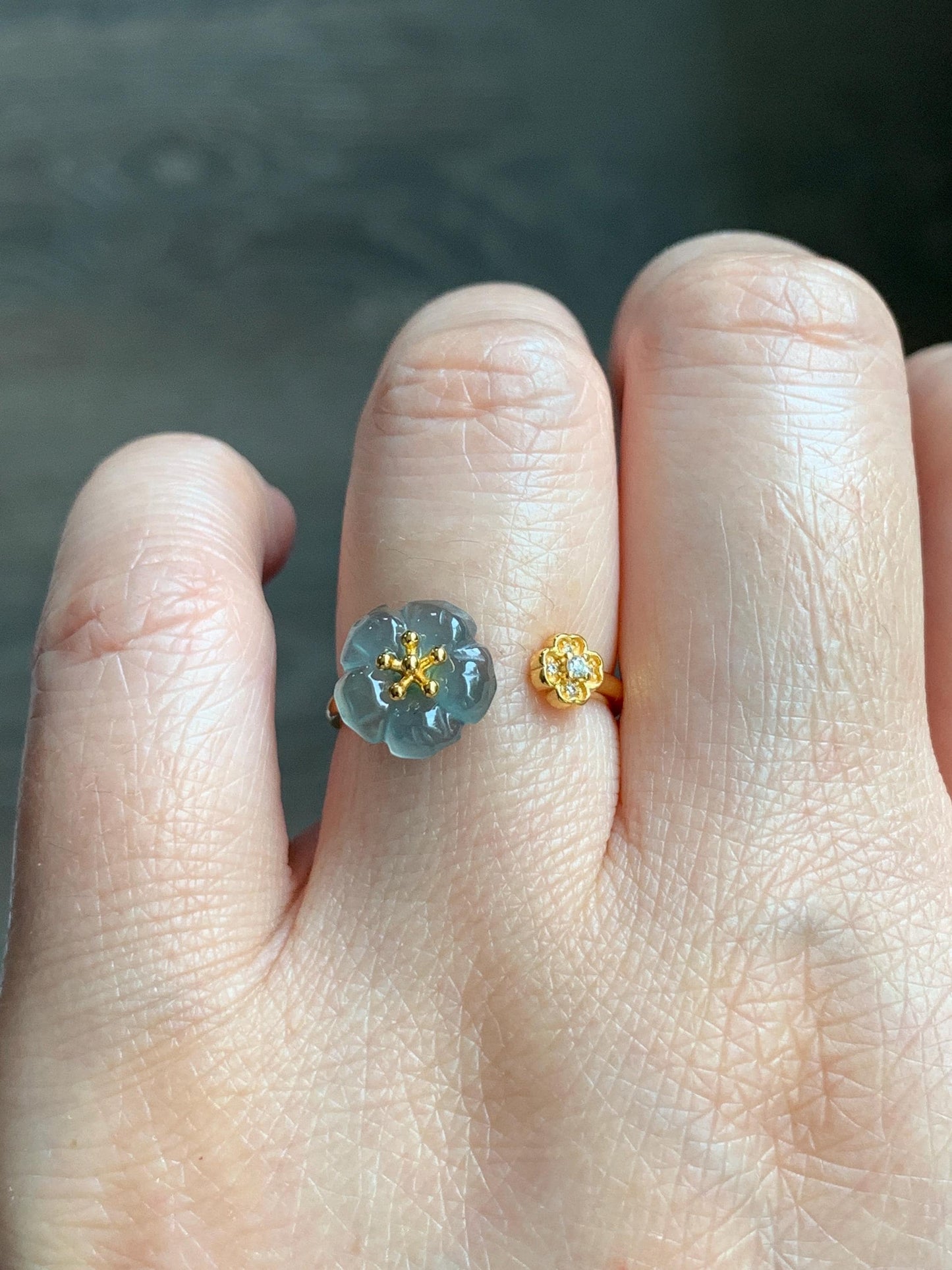 Natural Guatemalan Icy Highly Translucent Gelatinous Teal Blue Jadeite Cherry Blossom Open Band Ring Sterling Silver Size 7 天然高冰危蓝翡翠梅花开口银镶戒指