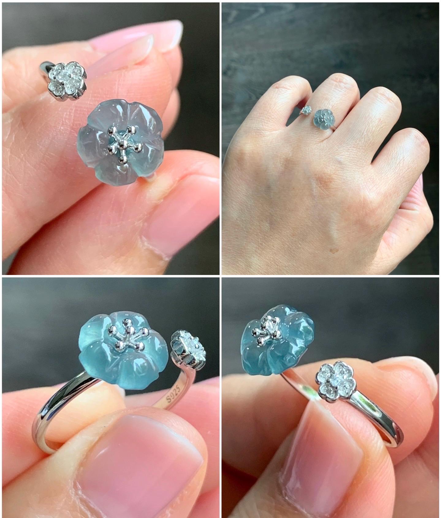 Natural Guatemalan Icy Highly Translucent Gelatinous Teal Blue Jadeite Cherry Blossom Open Band Ring Sterling Silver Size 7 天然高冰危蓝翡翠梅花开口银镶戒指