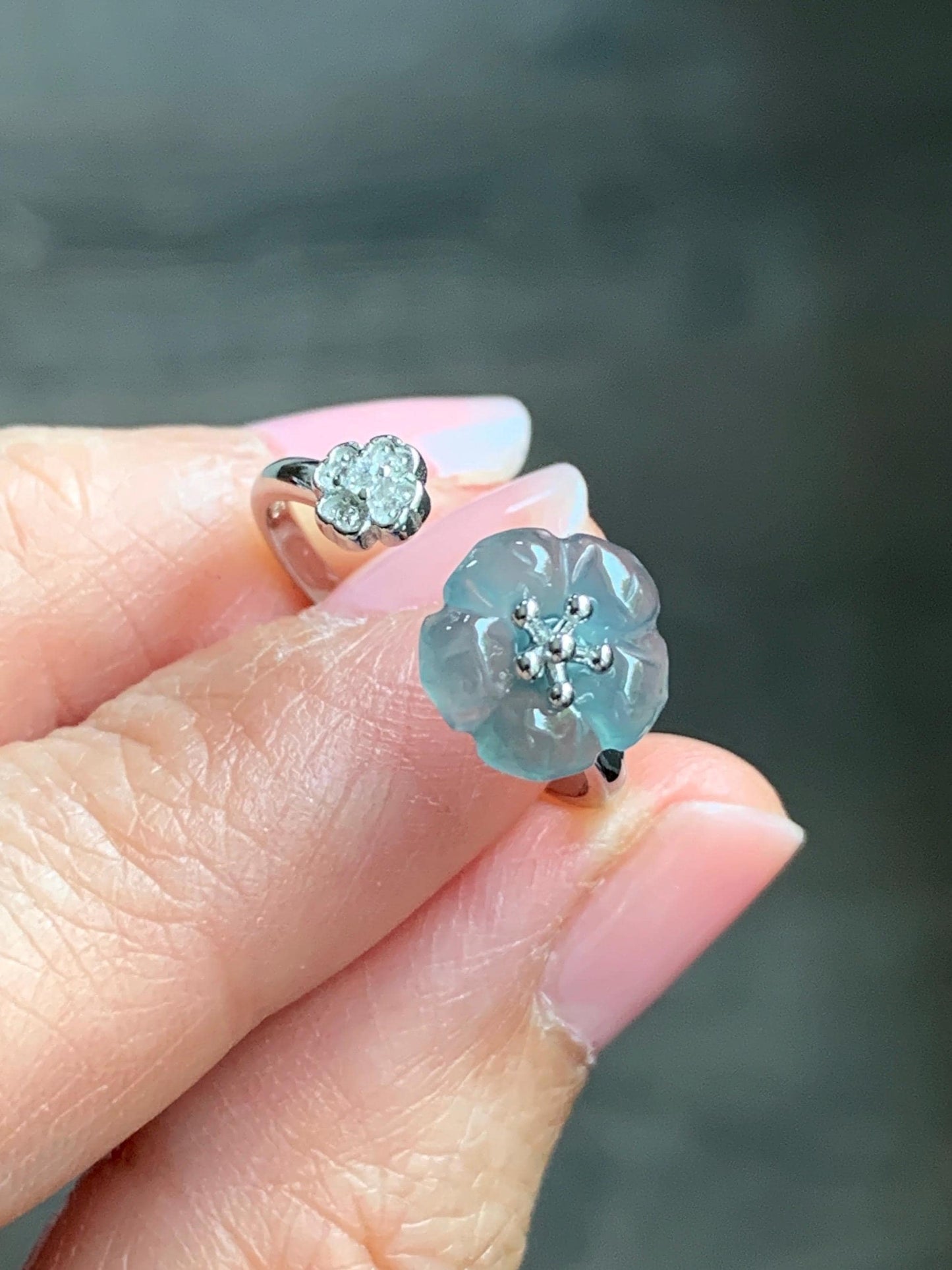 Natural Guatemalan Icy Highly Translucent Gelatinous Teal Blue Jadeite Cherry Blossom Open Band Ring Sterling Silver Size 7 天然高冰危蓝翡翠梅花开口银镶戒指