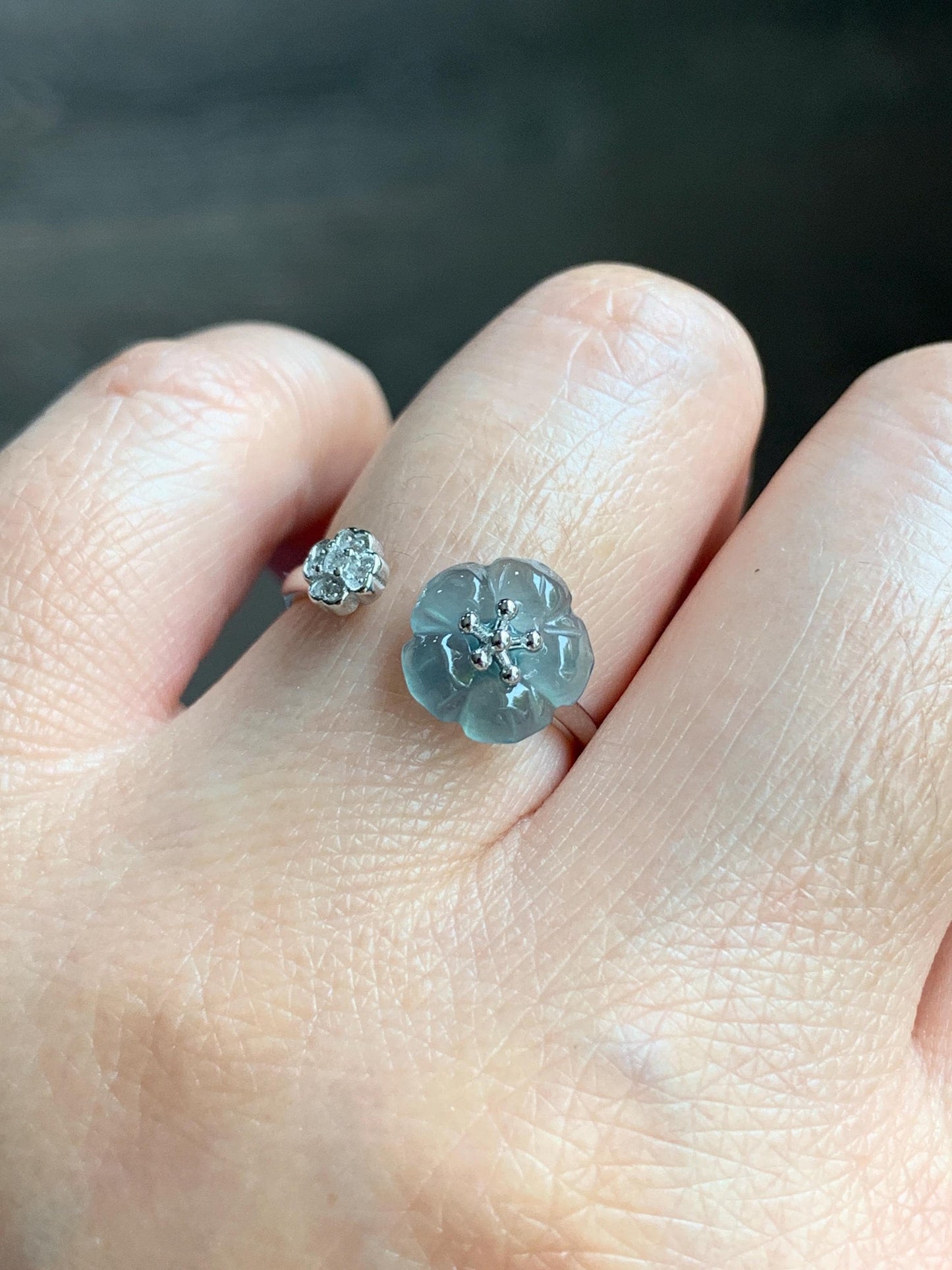 Natural Guatemalan Icy Highly Translucent Gelatinous Teal Blue Jadeite Cherry Blossom Open Band Ring Sterling Silver Size 7 天然高冰危蓝翡翠梅花开口银镶戒指