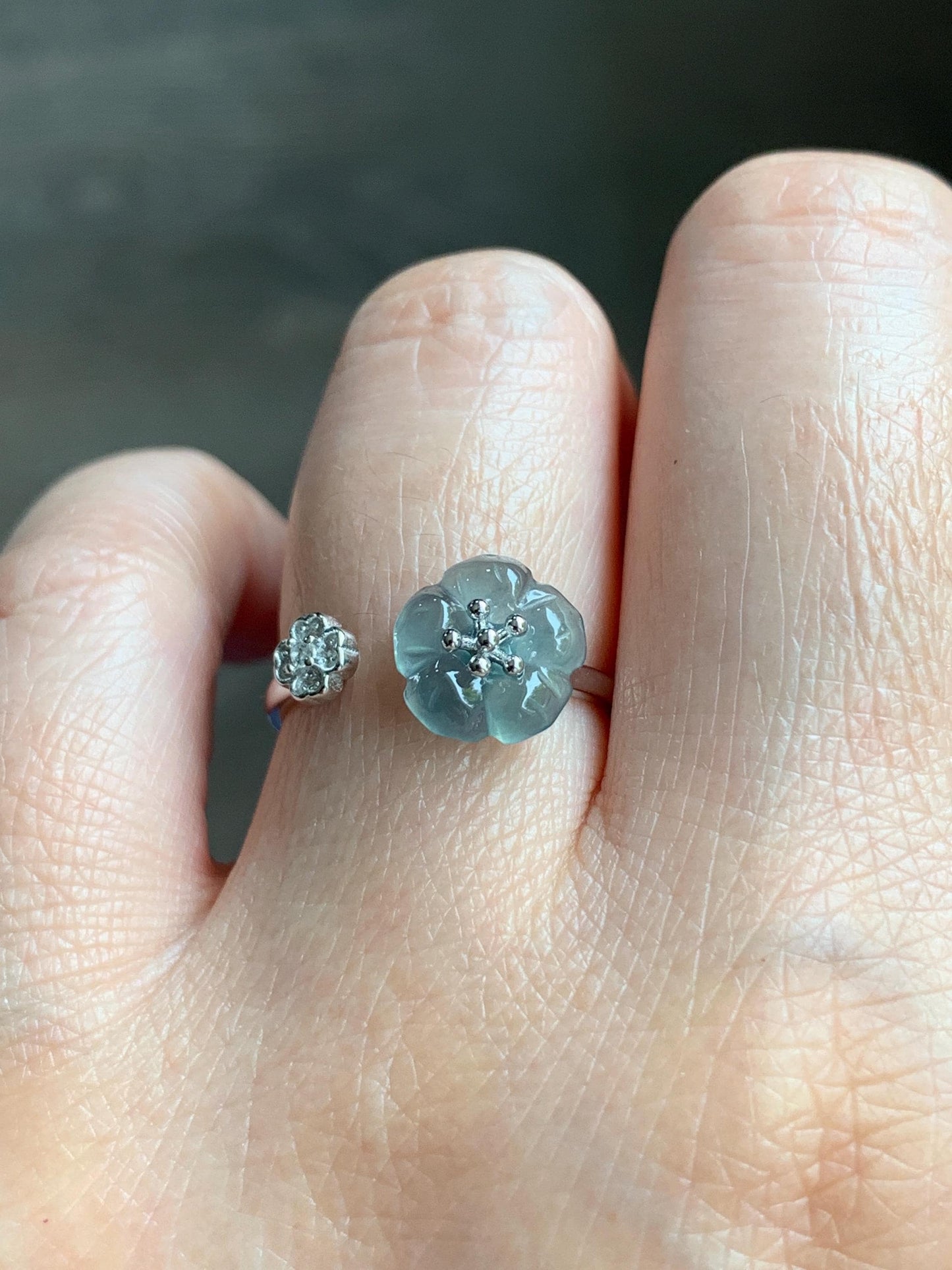Natural Guatemalan Icy Highly Translucent Gelatinous Teal Blue Jadeite Cherry Blossom Open Band Ring Sterling Silver Size 7 天然高冰危蓝翡翠梅花开口银镶戒指