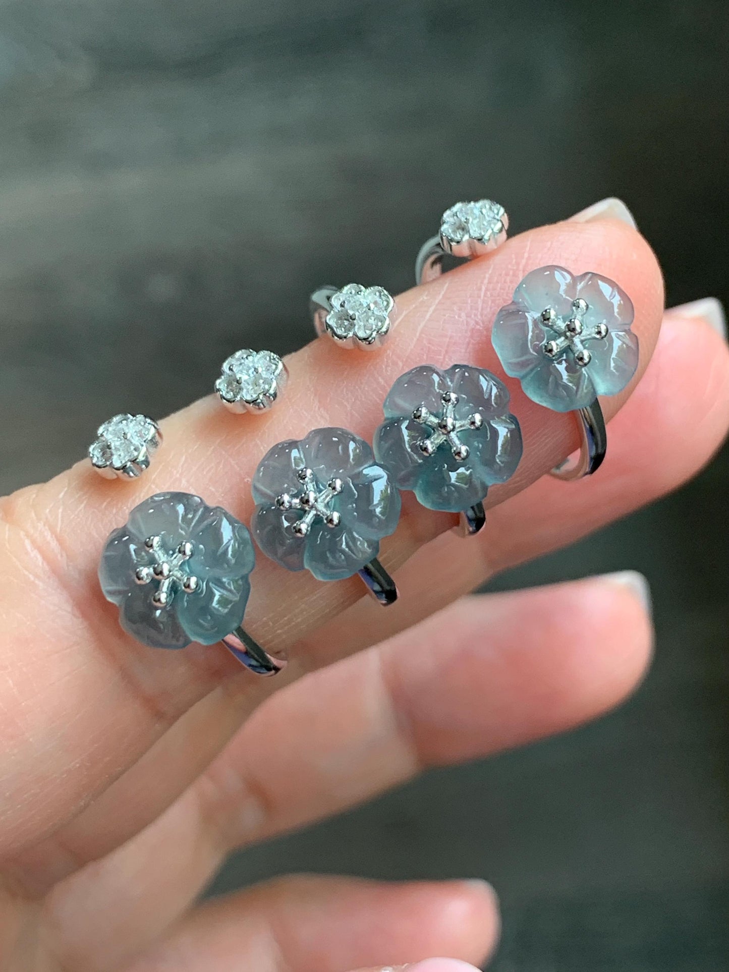 Natural Guatemalan Icy Highly Translucent Gelatinous Teal Blue Jadeite Cherry Blossom Open Band Ring Sterling Silver Size 7 天然高冰危蓝翡翠梅花开口银镶戒指