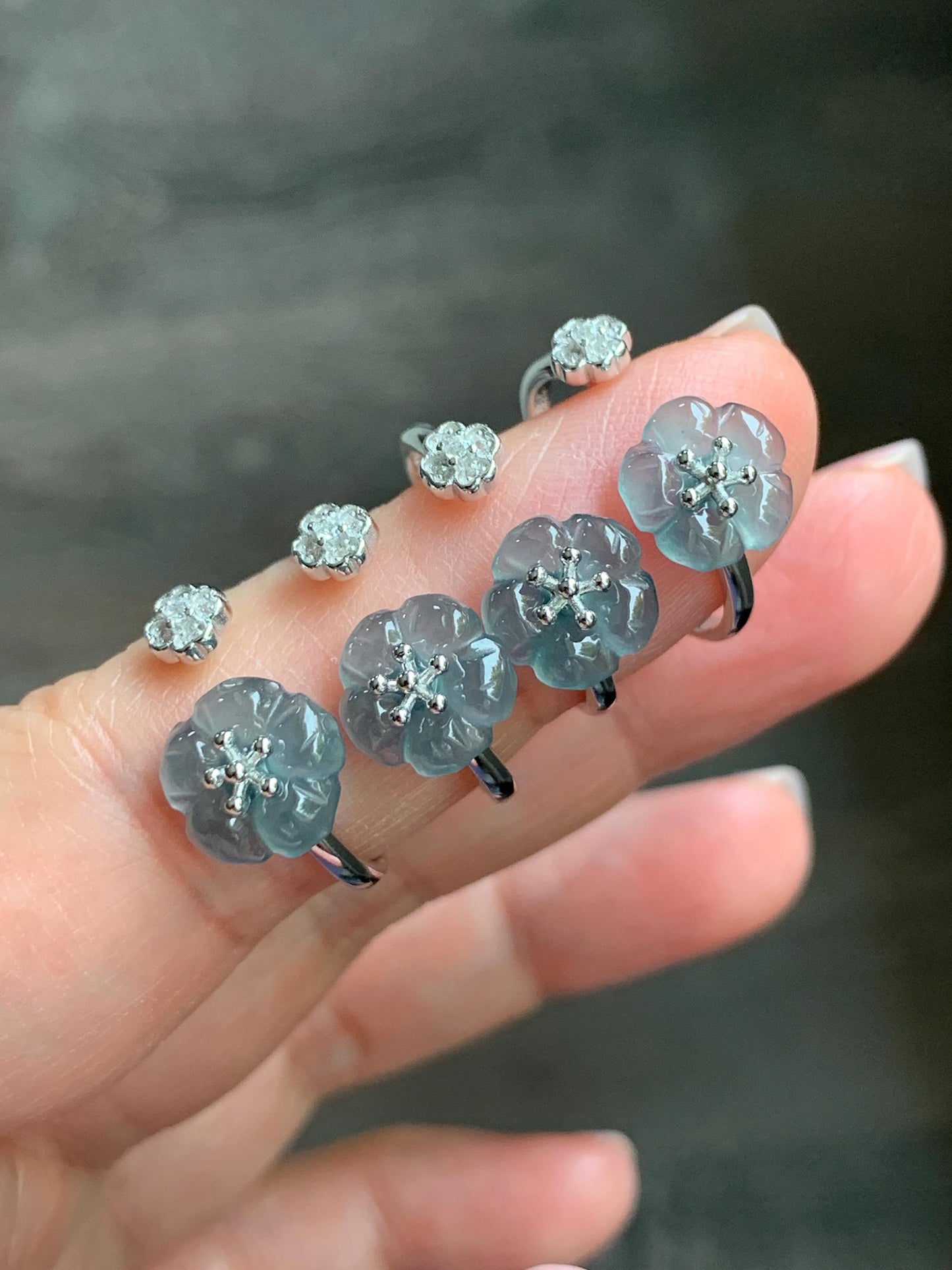 Natural Guatemalan Icy Highly Translucent Gelatinous Teal Blue Jadeite Cherry Blossom Open Band Ring Sterling Silver Size 7 天然高冰危蓝翡翠梅花开口银镶戒指