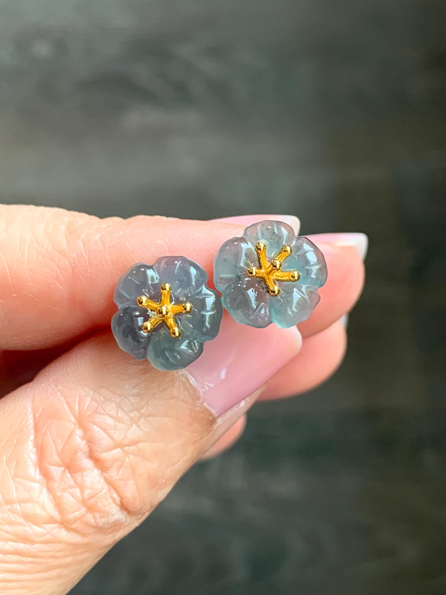 Natural Guatemalan Icy Highly Translucent Gelatinous Deep Indigo Blue Jadeite Cherry Blossom Stud Earring Sterling Silver 天然高冰危蓝翡翠梅花银镶耳钉