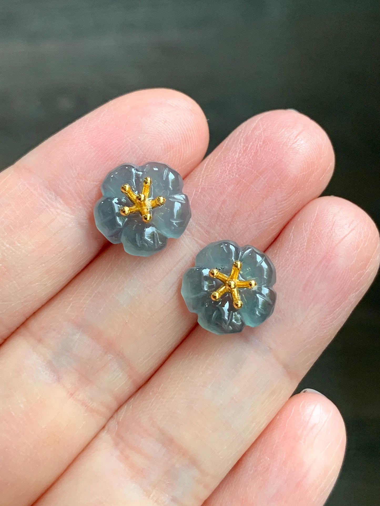 Natural Guatemalan Icy Highly Translucent Gelatinous Deep Indigo Blue Jadeite Cherry Blossom Stud Earring Sterling Silver 天然高冰危蓝翡翠梅花银镶耳钉