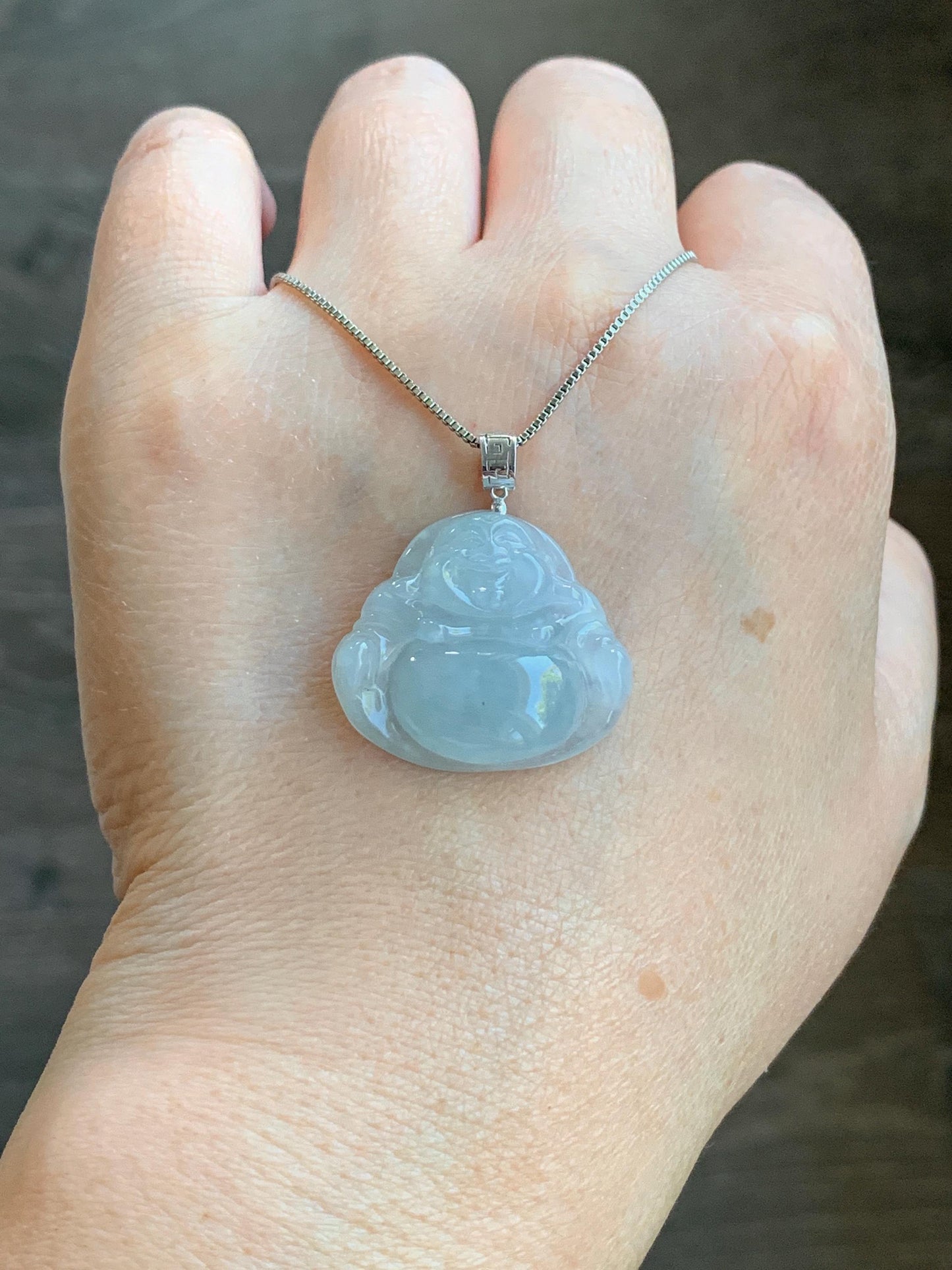 Certified Natural Burmese Icy Translucent Pale Blue Jadeite Carved Buddha Pendant 18K White Gold 天然缅甸冰淡蓝翡翠佛公镶嵌吊坠 3011