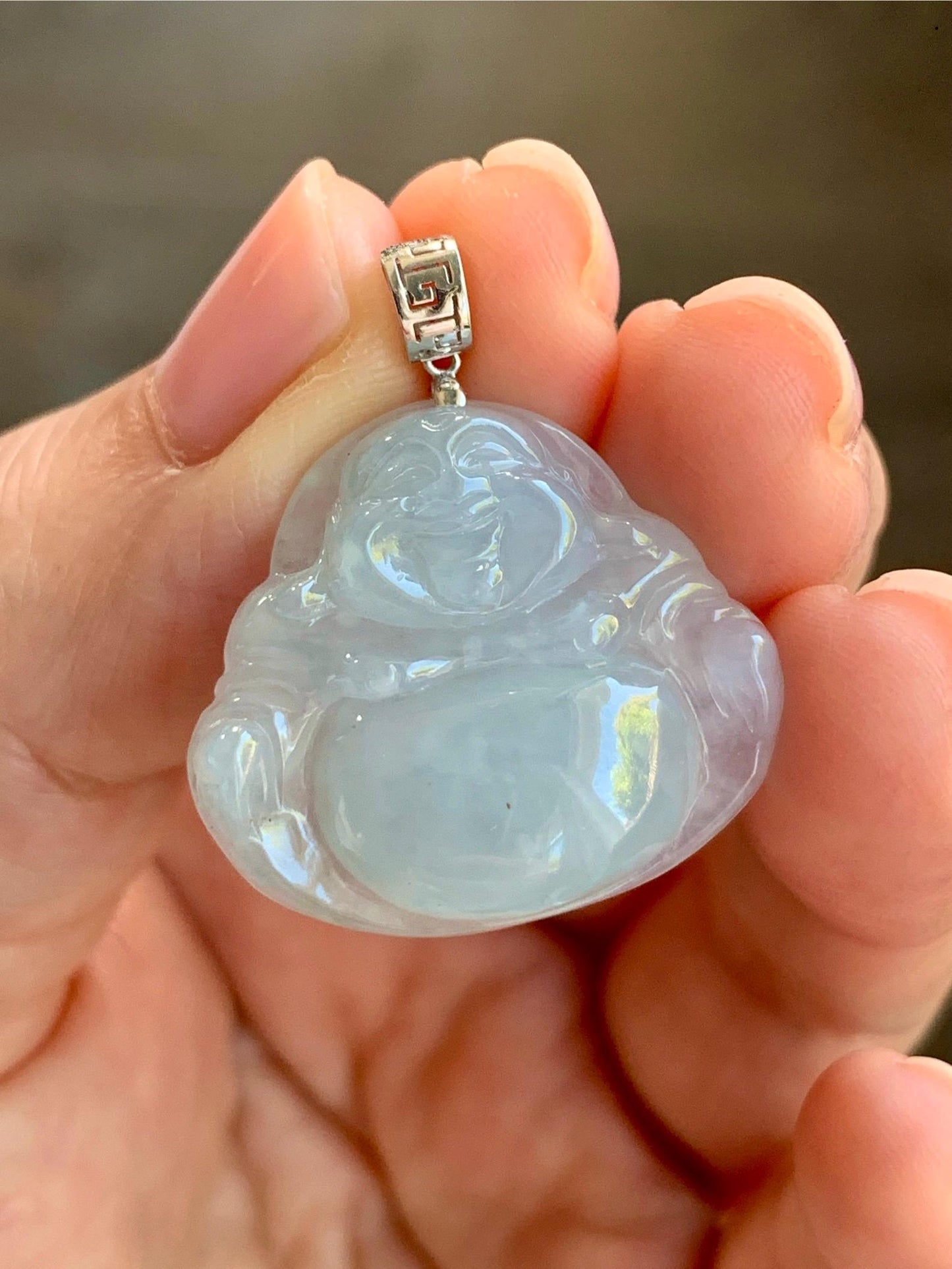 Certified Natural Burmese Icy Translucent Pale Blue Jadeite Carved Buddha Pendant 18K White Gold 天然缅甸冰淡蓝翡翠佛公镶嵌吊坠 3011