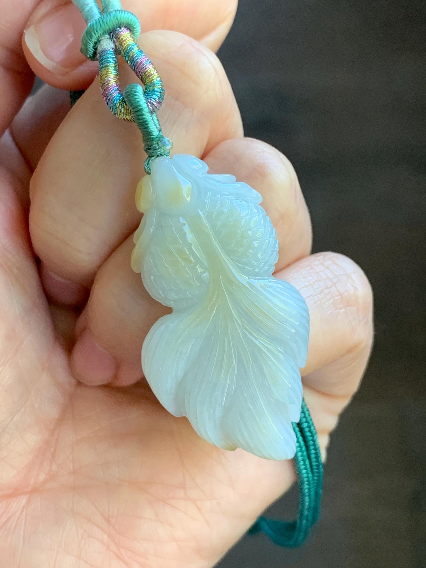 Natural Burmese Icy Translucent Light Green Jadeite w/ Yellow Marbling Carved Goldfish Pendant Rope Necklace 天然缅甸淡晴翡翠飘黄翡金鱼吊坠