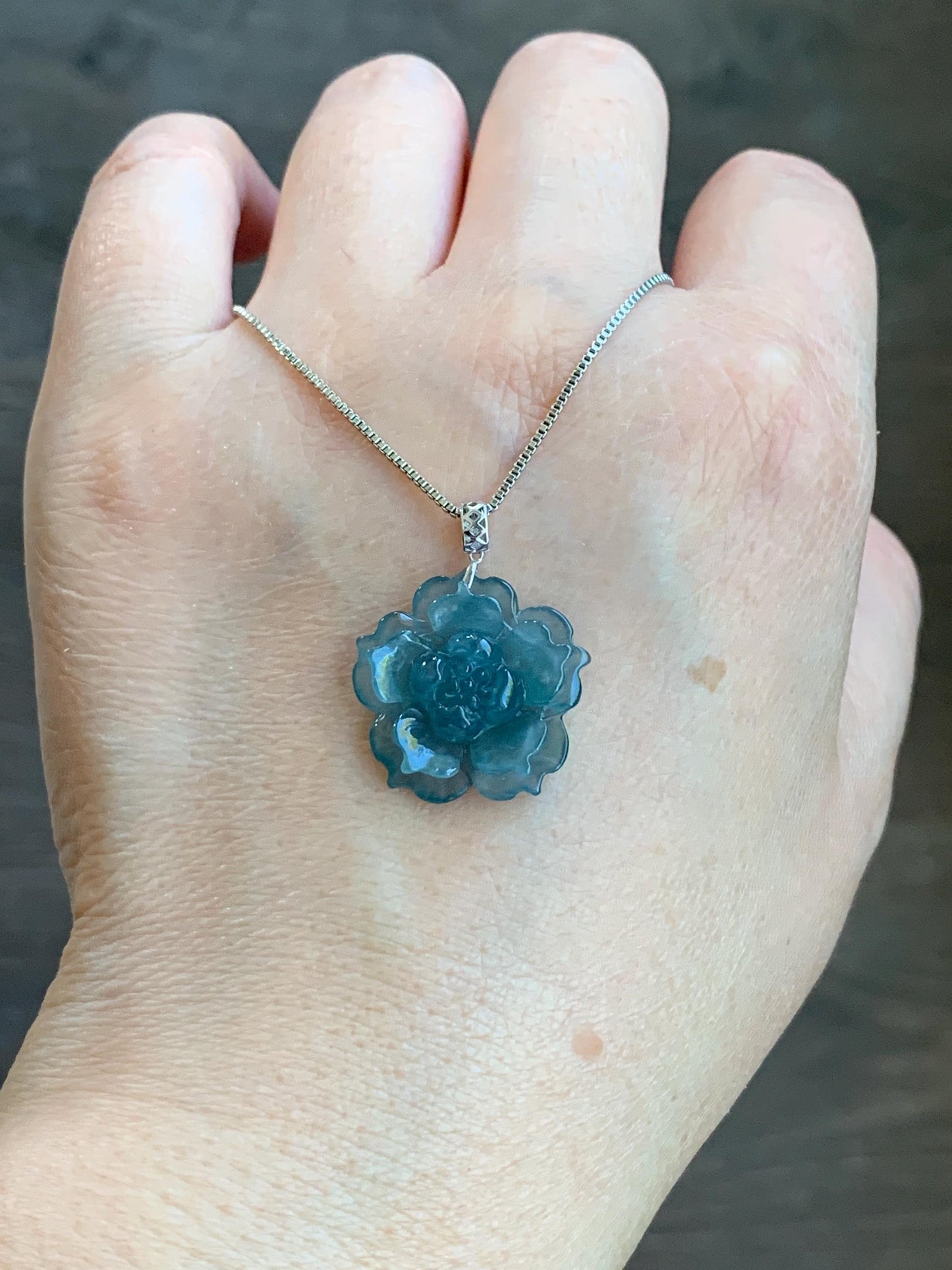 Natural Guatemalan Icy Highly Translucent Teal Blue Jadeite Lotus Flower Pendant 18K White Gold 天然冰危湖水蓝翡翠莲花镶嵌吊坠 LDSL