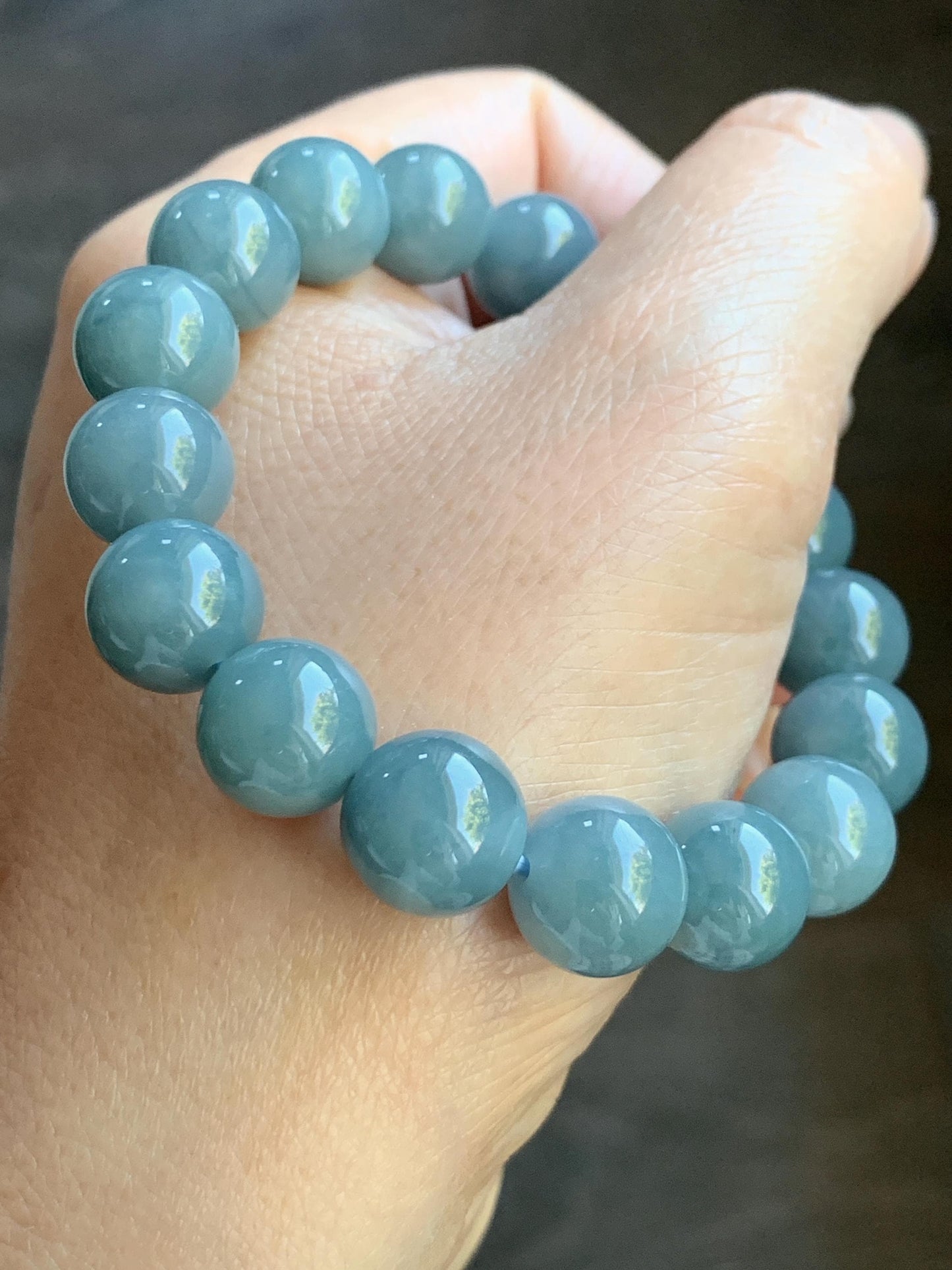 Natural Guatemalan Icy Translucent Dark Dusty Blue Jadeite Large Beads Beaded Bracelet 11.3mm 6.75” 42g 天然冰危蓝翡翠手串 WAL413