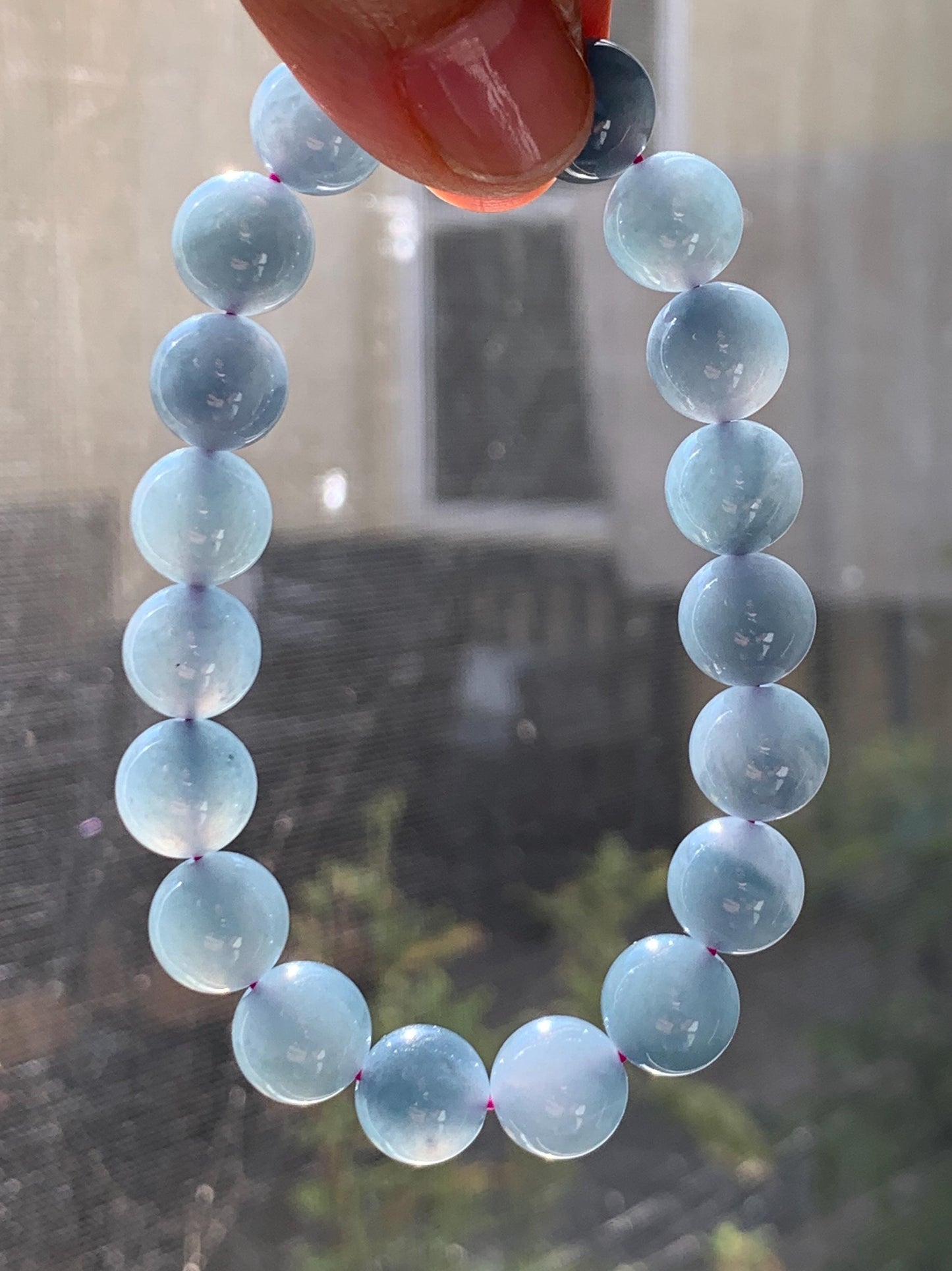 Certified Natural Guatemalan Icy Highly Translucent Dusty Purplish Blue Jadeite Beaded Bracelet 9.7mm 6.75” 30.1 天然老种冰危蓝紫飘花翡翠圆珠手串 6898