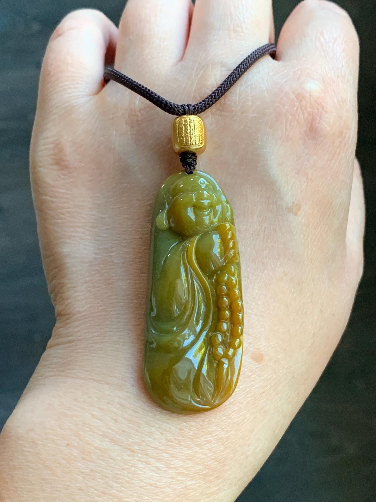 Certified Natural Guatemalan Icy Translucent Rich Vibrant Yellow Jadeite Carefree Buddha Pendant Rope Necklace 25” 天然冰危黄翡翠精工逍遥佛公吊坠 3018