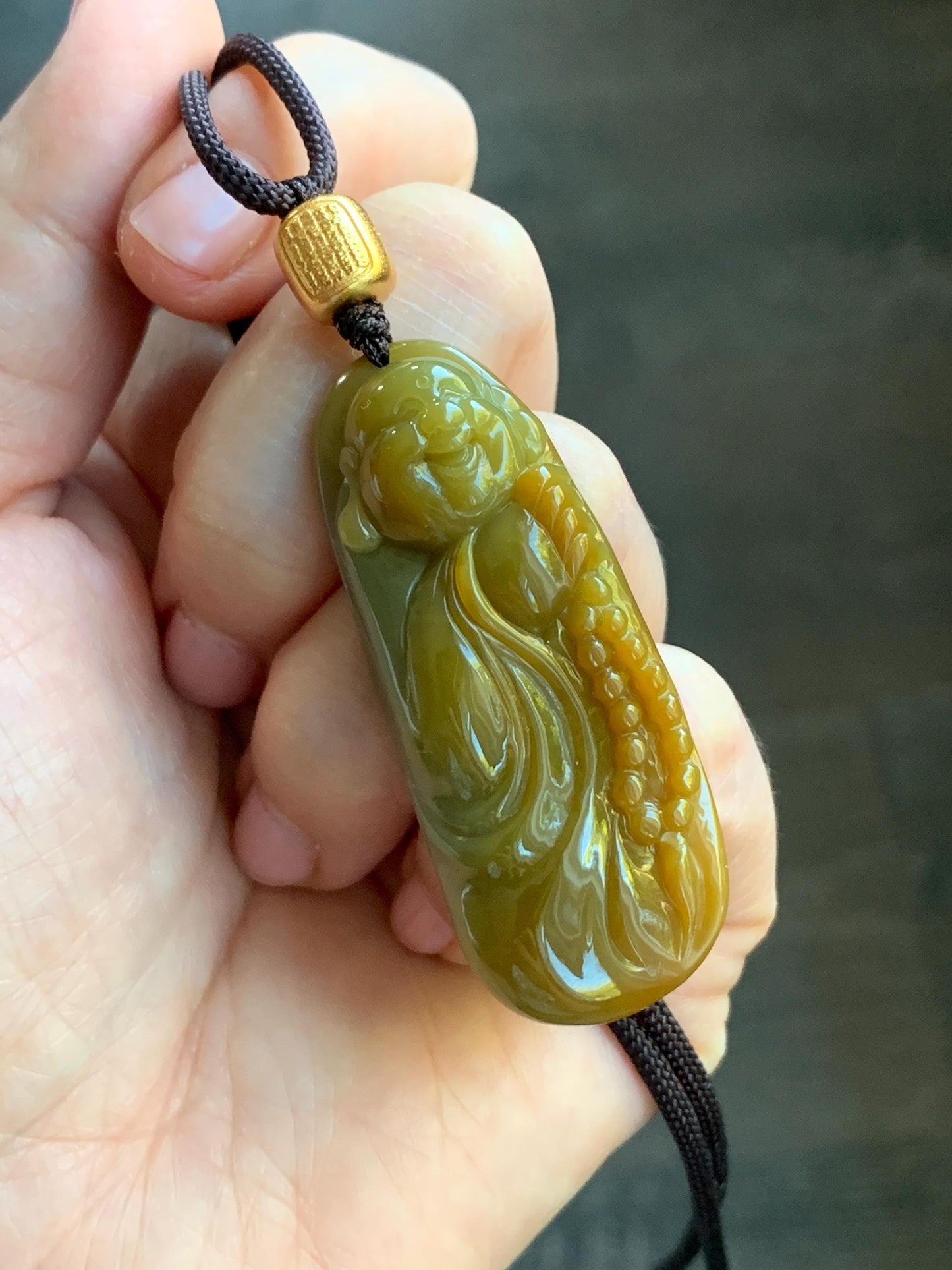 Certified Natural Guatemalan Icy Translucent Rich Vibrant Yellow Jadeite Carefree Buddha Pendant Rope Necklace 25” 天然冰危黄翡翠精工逍遥佛公吊坠 3018