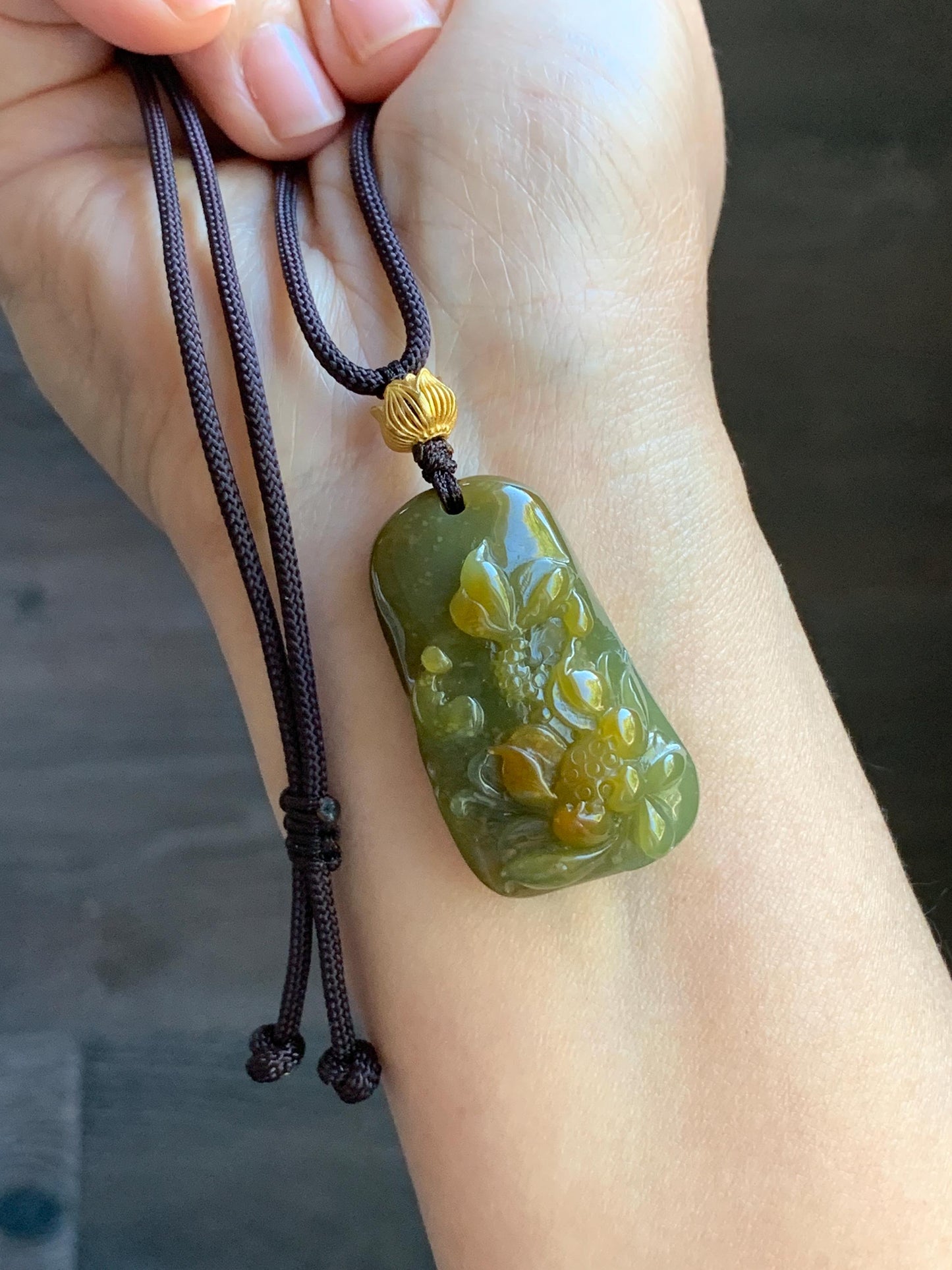 Natural Guatemalan Icy Translucent Dark Tea Yellow Marbled Jadeite Lotus Flower Praying Monk Pendant Rope Necklace 26” 天然冰危茶黄翡翠莲花悟道吊坠
