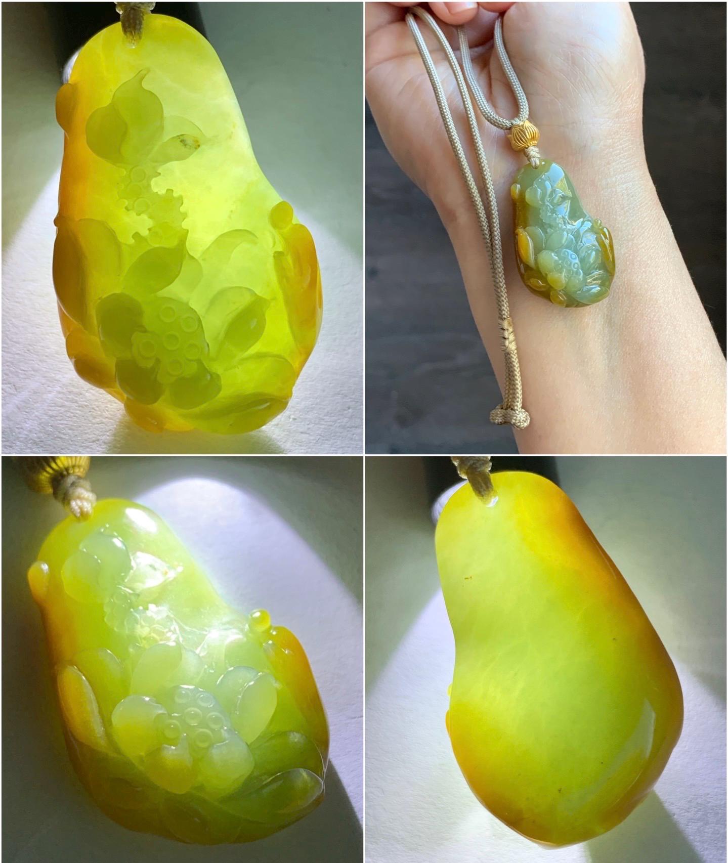 Natural Guatemalan Icy Translucent Vibrant Yellow Two-toned Jadeite Lotus Flower & Praying Monk Pendant Rope Necklace 26” 天然冰危鸡油黄渐变翡翠莲花悟道吊坠