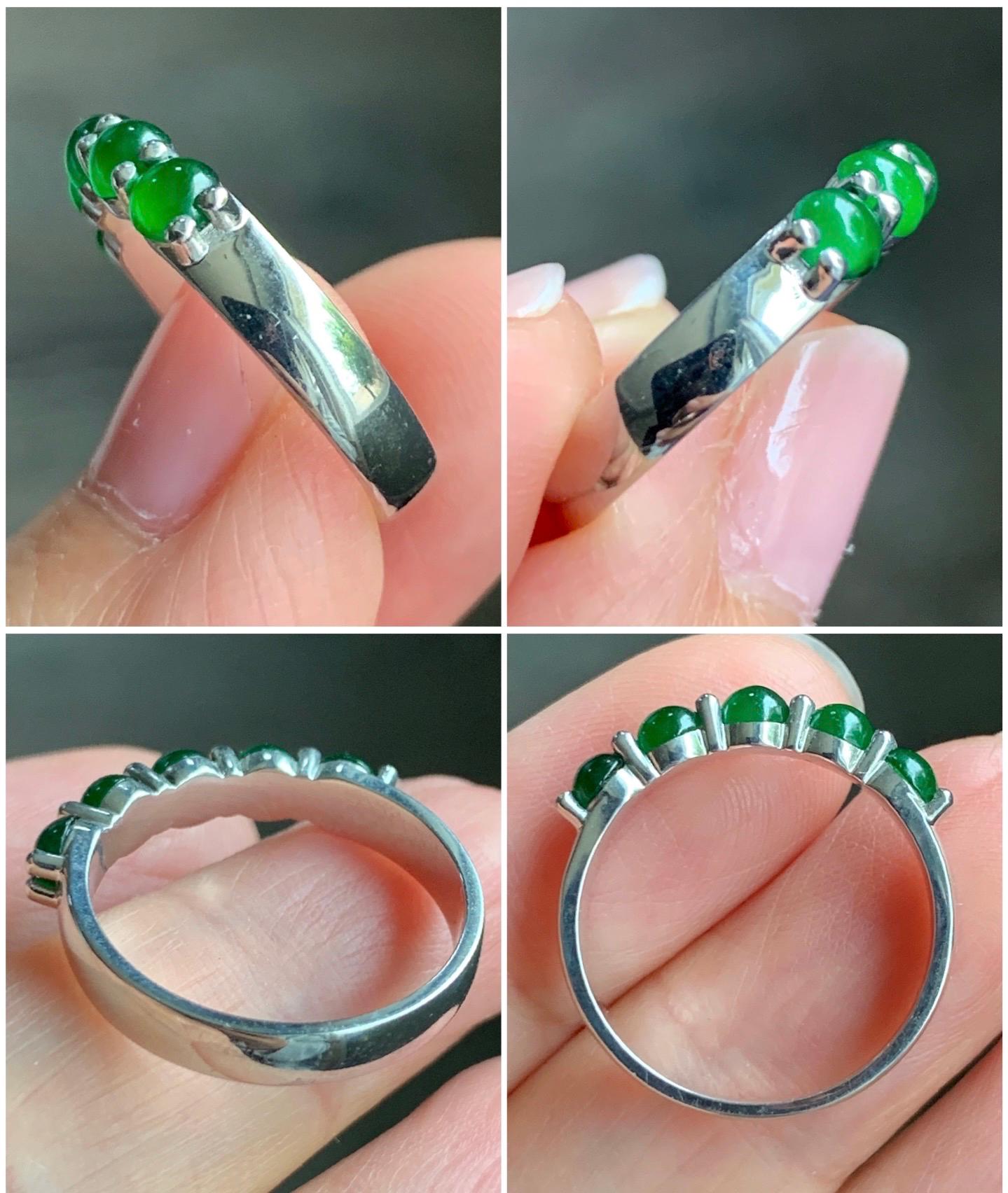 Certified Natural Guatemalan Premium Icy Translucent Vibrant Green 5-Stone Jadeite Band Ring Size 7 Sterling Silver 2.90g 天然老种冰危绿翡翠镶嵌排戒 3038
