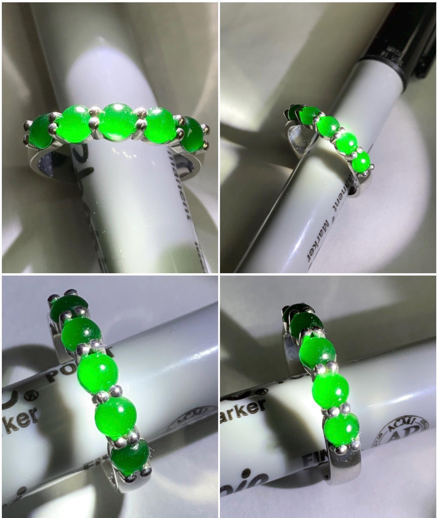 Certified Natural Guatemalan Premium Icy Translucent Vibrant Green 5-Stone Jadeite Band Ring Size 7 Sterling Silver 2.90g 天然老种冰危绿翡翠镶嵌排戒 3038