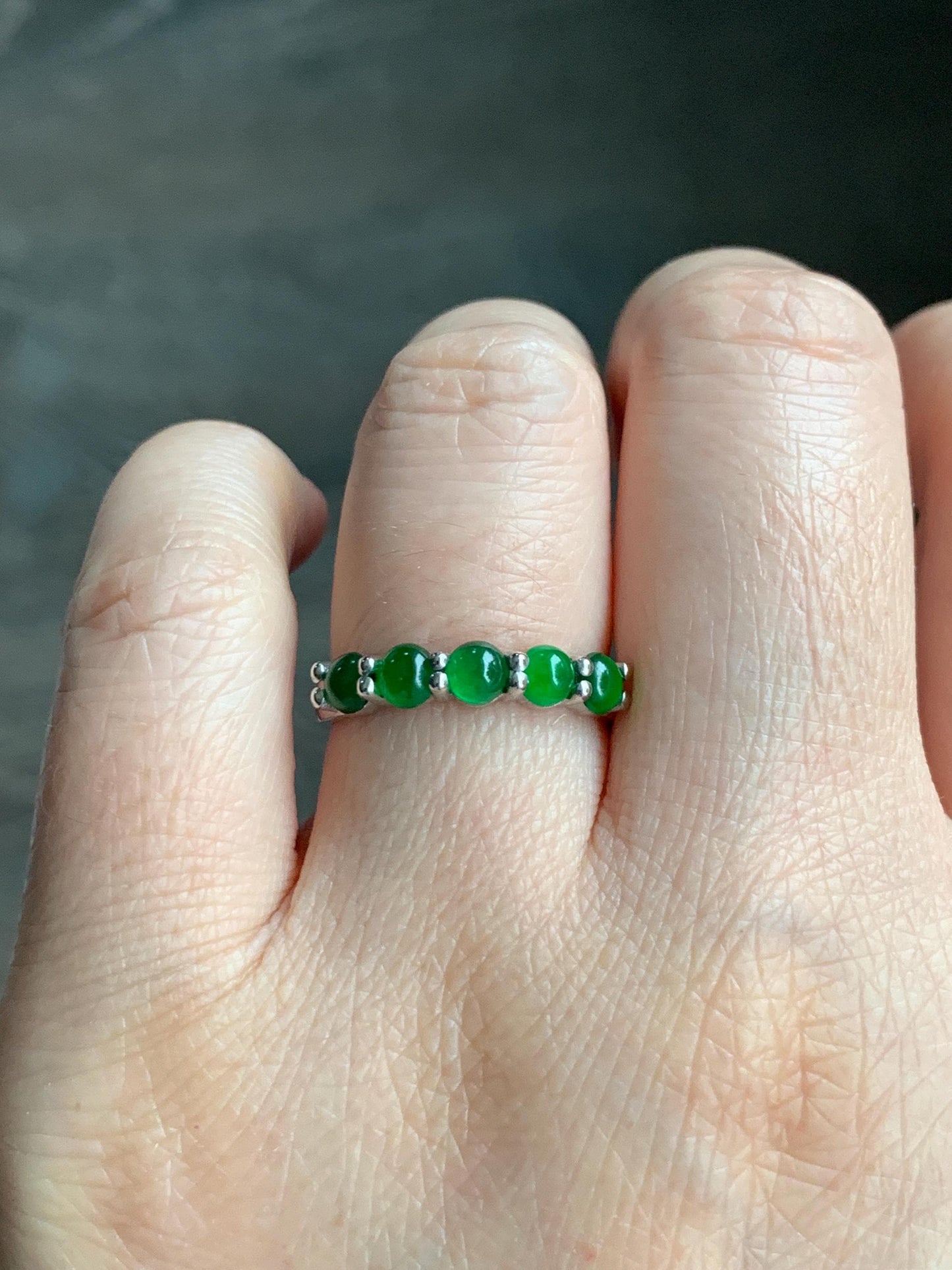 Certified Natural Guatemalan Premium Icy Translucent Vibrant Green 5-Stone Jadeite Band Ring Size 7 Sterling Silver 2.90g 天然老种冰危绿翡翠镶嵌排戒 3038