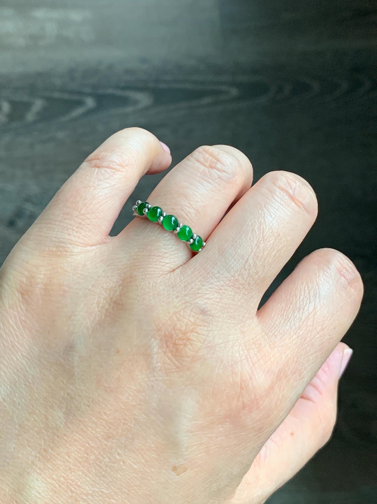 Certified Natural Guatemalan Premium Icy Translucent Vibrant Green 5-Stone Jadeite Band Ring Size 7 Sterling Silver 2.90g 天然老种冰危绿翡翠镶嵌排戒 3038