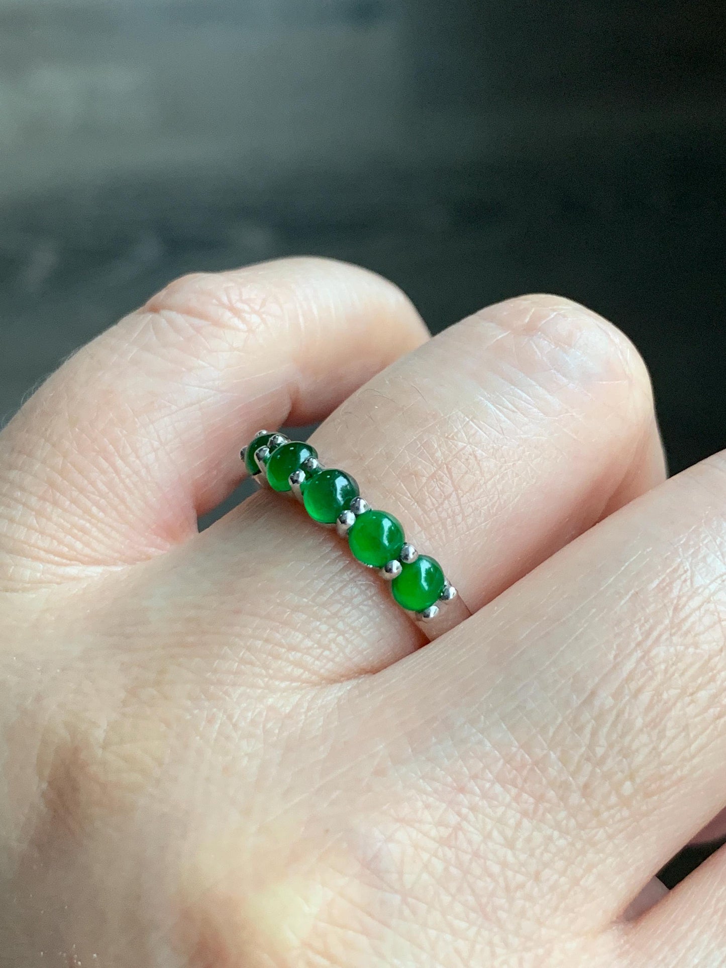 Certified Natural Guatemalan Premium Icy Translucent Vibrant Green 5-Stone Jadeite Band Ring Size 7 Sterling Silver 2.90g 天然老种冰危绿翡翠镶嵌排戒 3038