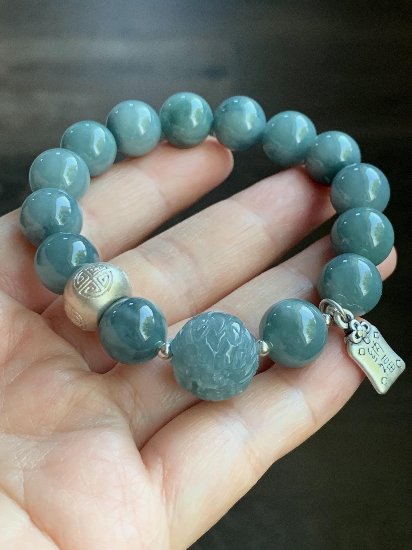 Natural Guatemalan Icy Translucent Dark Dusty Blue Jadeite Dragon Bead Beaded Bracelet Sterling Silver 6.75” 11.2mm 40g 天然冰危暗蓝翡翠龙珠手串 QLZ315S