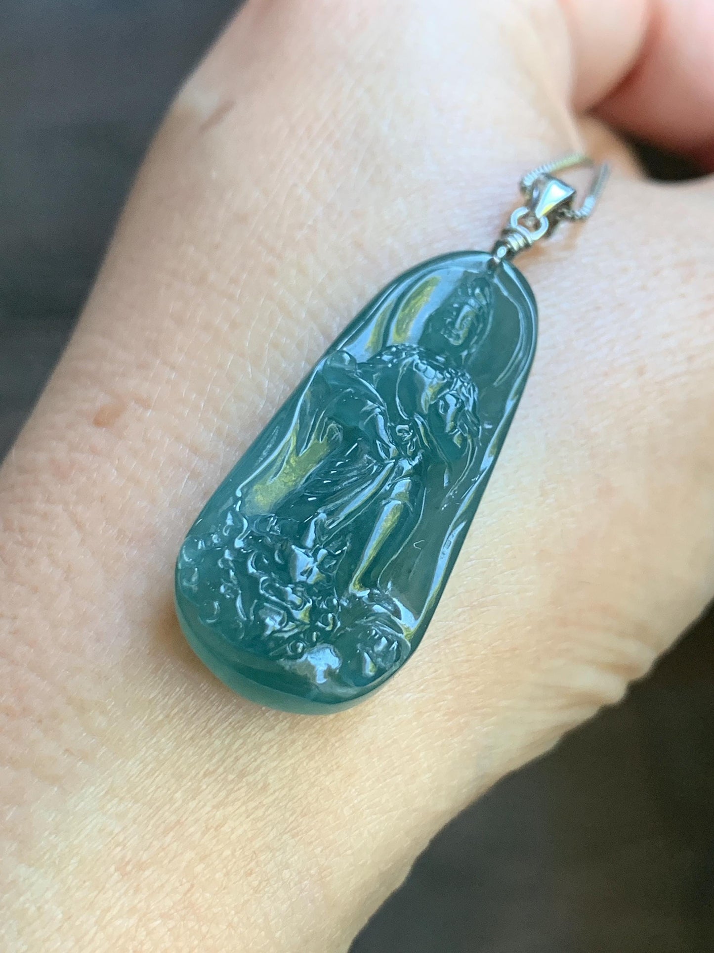 Natural Guatemalan Icy Translucent Gelatinous Teal Blue Jadeite Wen Shu Manjushri Bodhisattva Pendant Sterling Silver 天然冰胶危蓝绿翡翠文殊菩萨吊坠 B