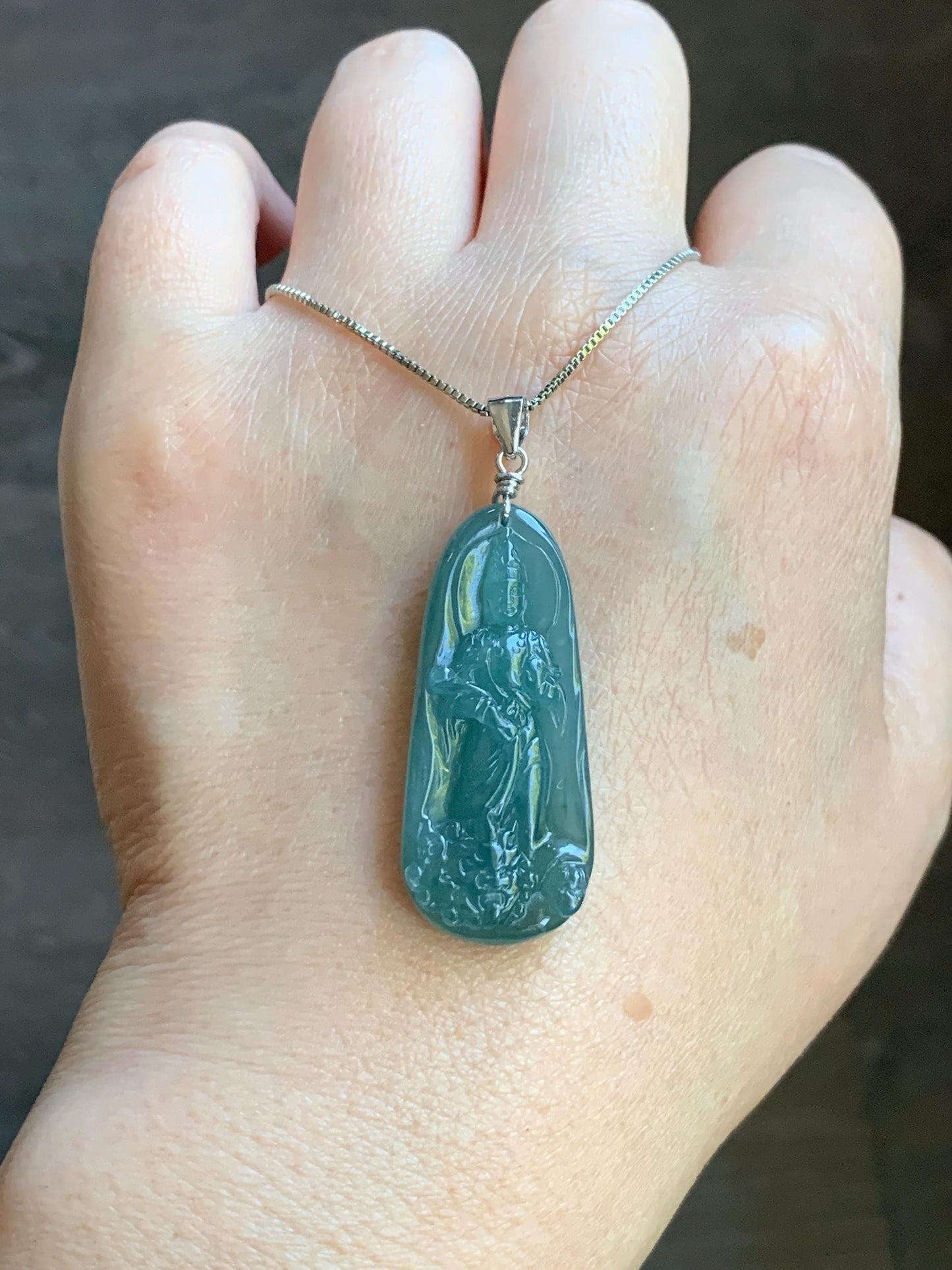 Natural Guatemalan Icy Translucent Gelatinous Teal Blue Jadeite Wen Shu Manjushri Bodhisattva Pendant Sterling Silver 天然冰胶危蓝绿翡翠文殊菩萨吊坠 B
