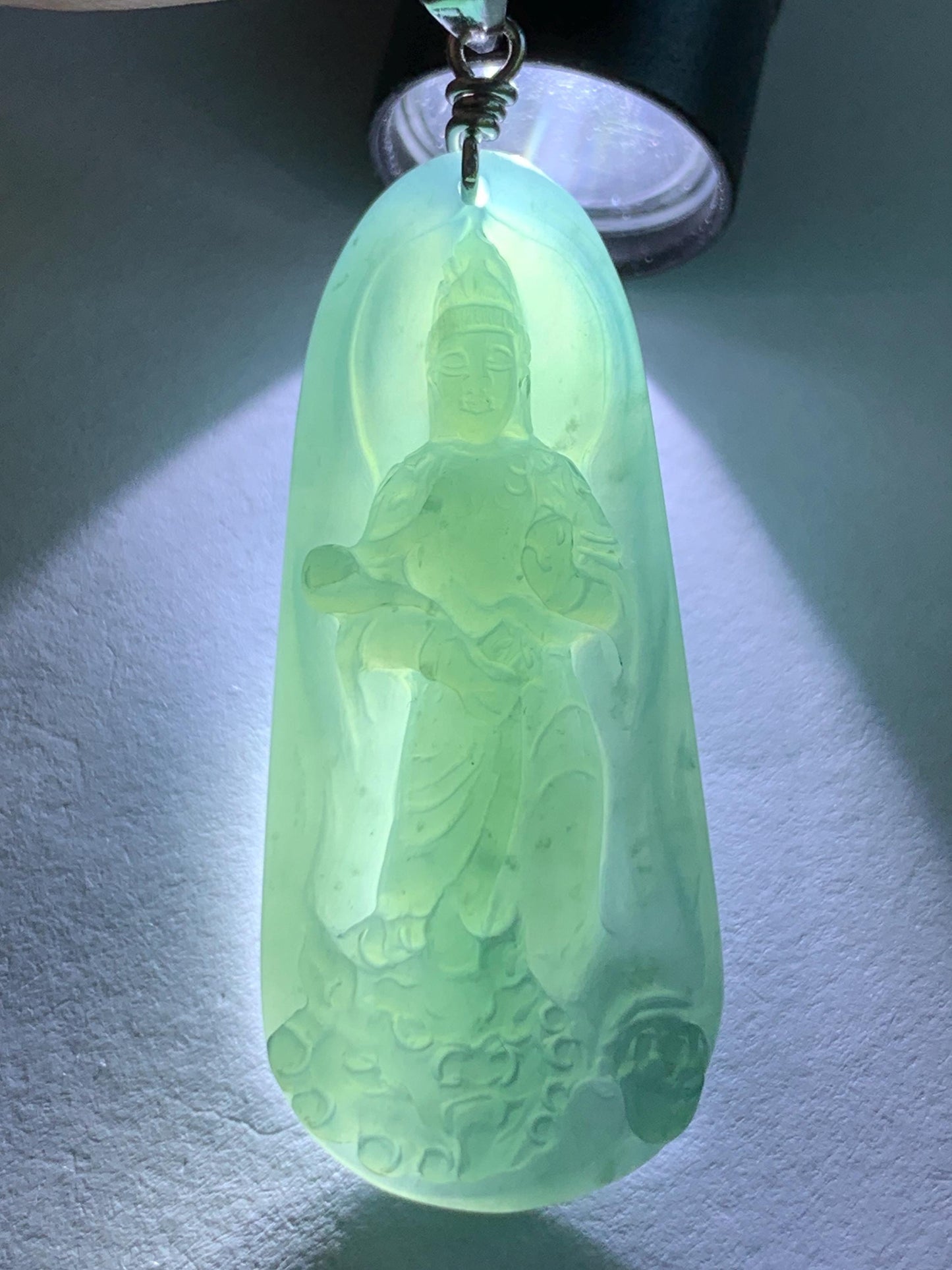 Natural Guatemalan Icy Translucent Gelatinous Teal Blue Jadeite Wen Shu Manjushri Bodhisattva Pendant Sterling Silver 天然冰胶危蓝绿翡翠文殊菩萨吊坠 B