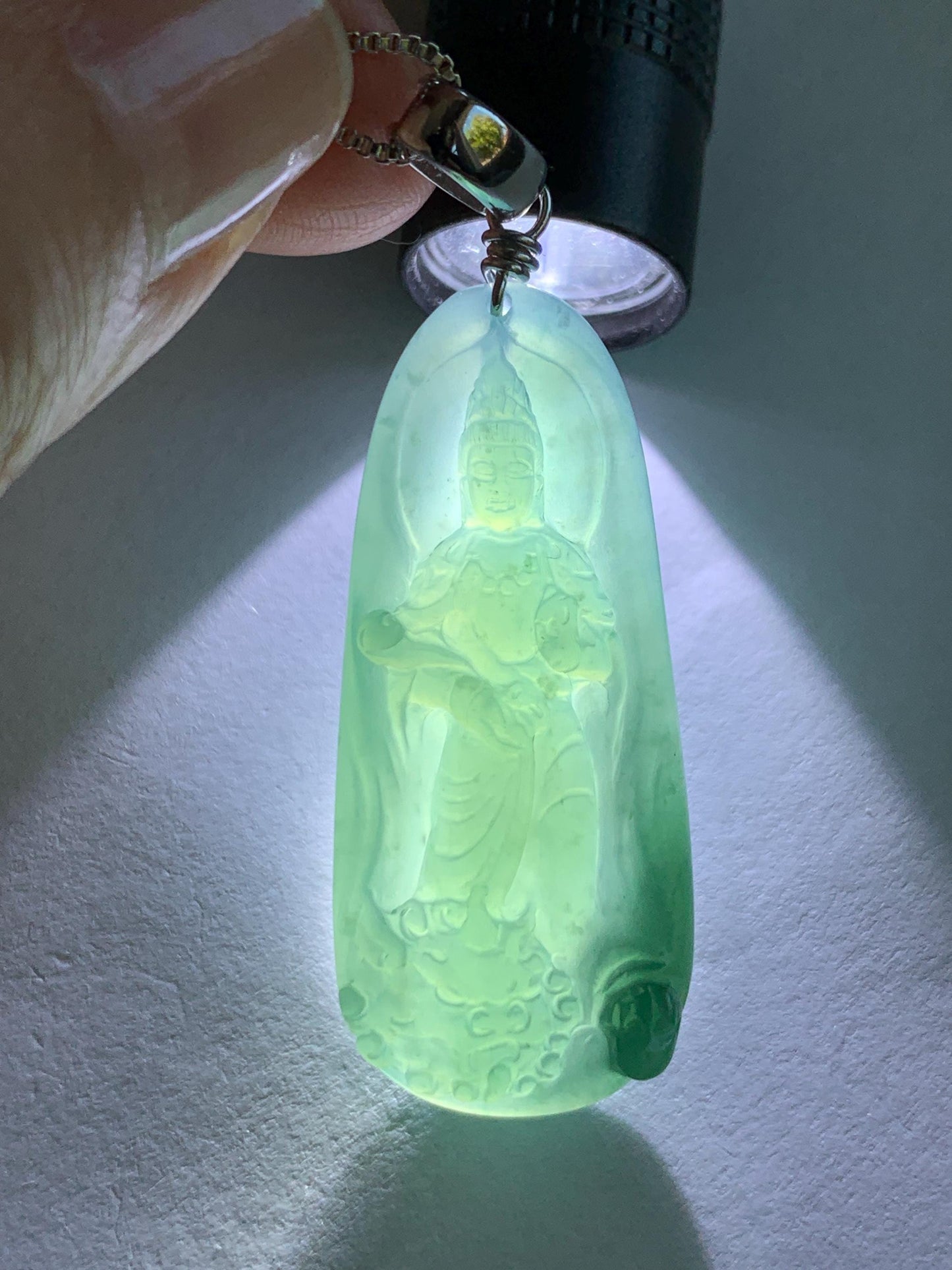 Natural Guatemalan Icy Translucent Gelatinous Teal Blue Jadeite Wen Shu Manjushri Bodhisattva Pendant Sterling Silver 天然冰胶危蓝绿翡翠文殊菩萨吊坠 C
