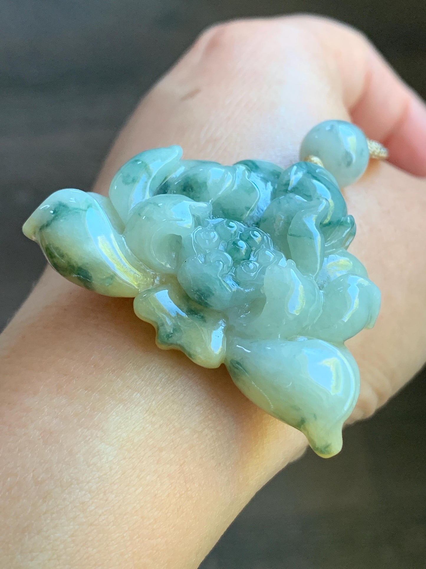 Natural Burmese Translucent Yellow & Green Marbling Tricolored Jadeite Carved Lotus Flower Rope Necklace Adjustable 29” 30g 天然缅甸糯种三彩翡翠莲花吊坠项链