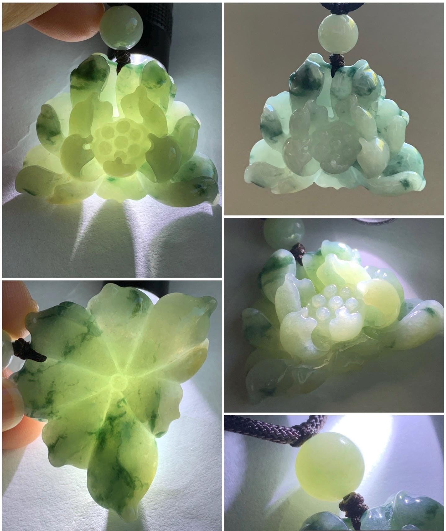 Natural Burmese Translucent Yellow & Green Marbling Tricolored Jadeite Carved Lotus Flower Rope Necklace Adjustable 30” 25g 天然缅甸糯种三彩翡翠莲花吊坠项链